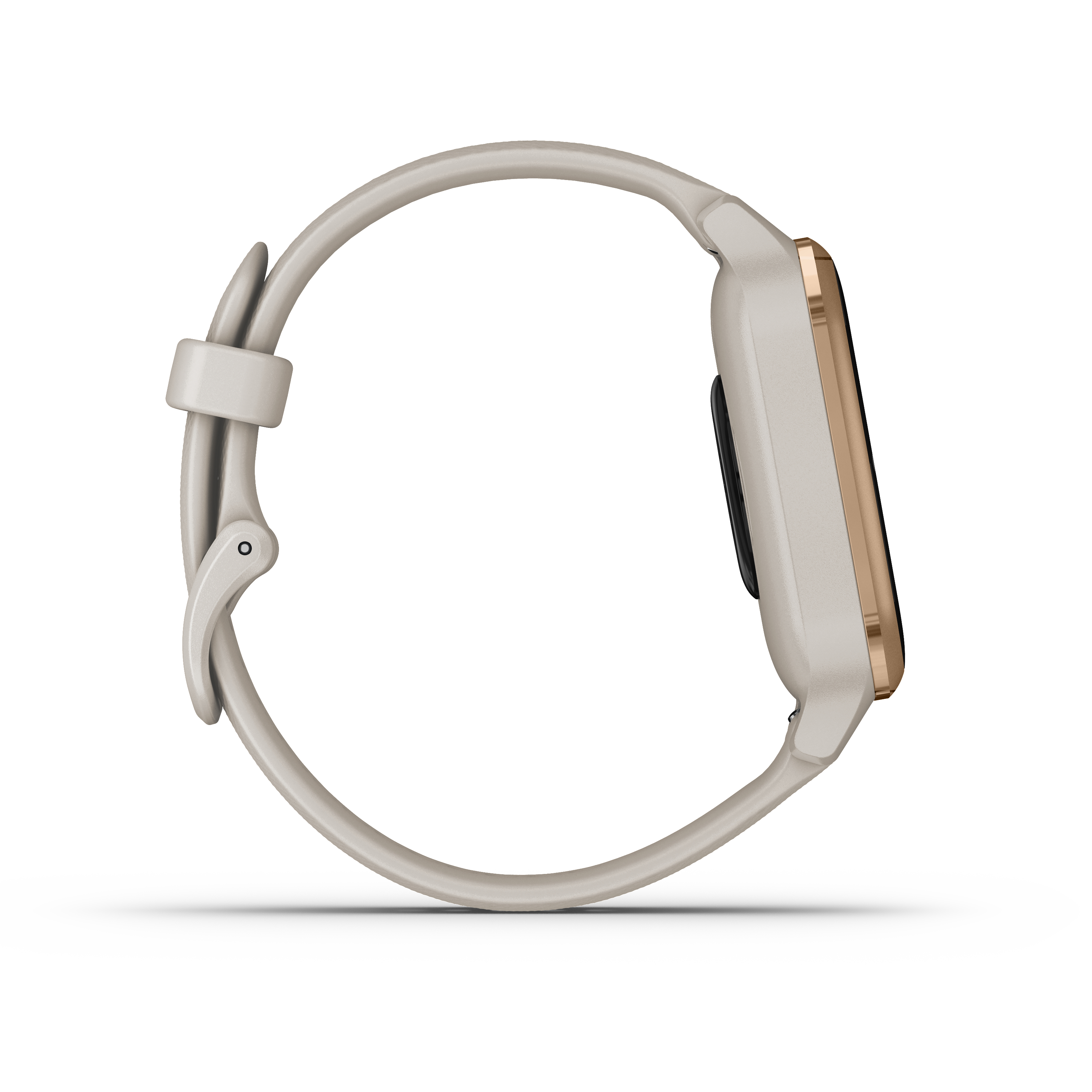 Eine beige Smartwatch mit hellem Armband. Die Uhr liegt auf der Seite und zeigt das Armband und den Bildschirm.