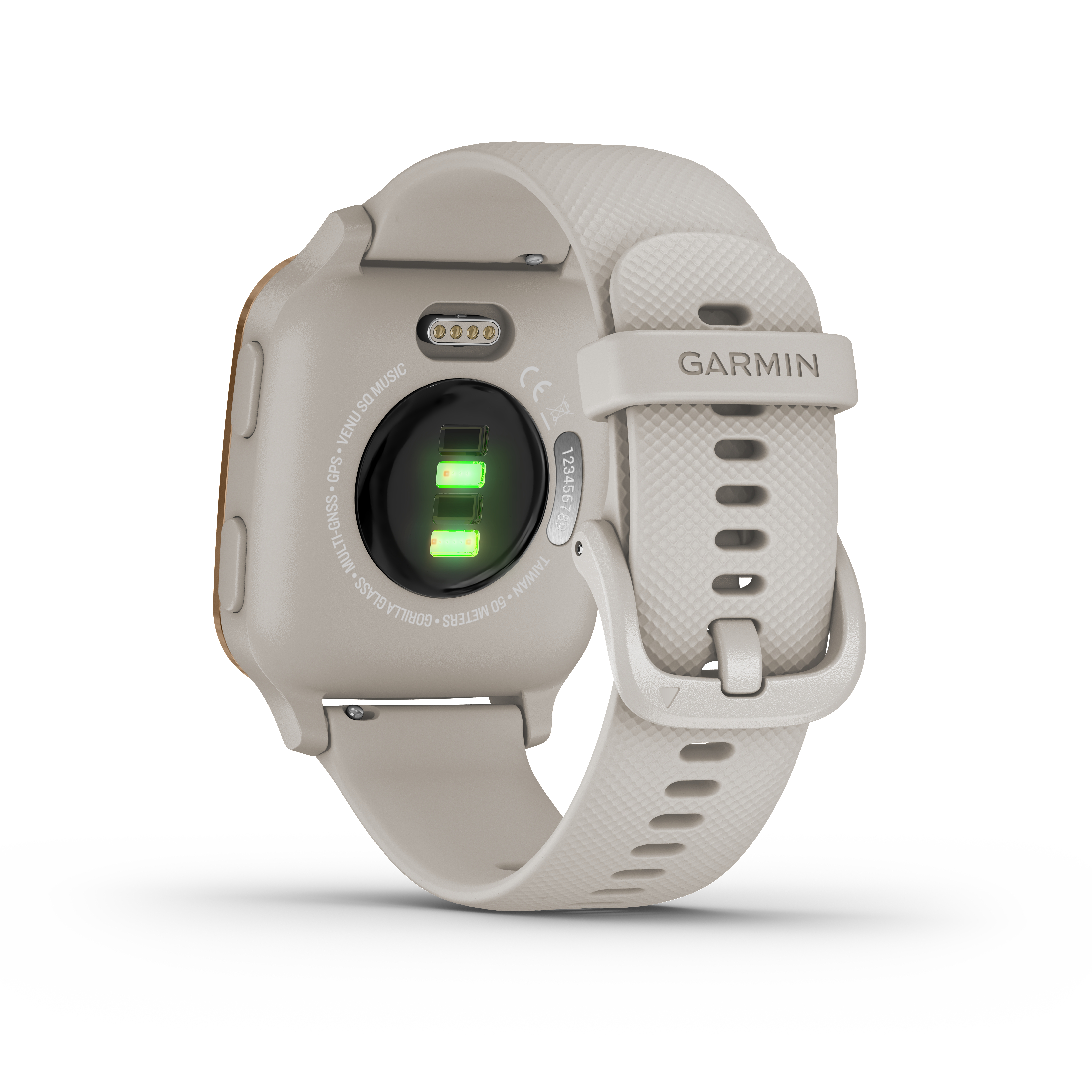 Rückseite einer Garmin Smartwatch mit Sensoren und Armband.