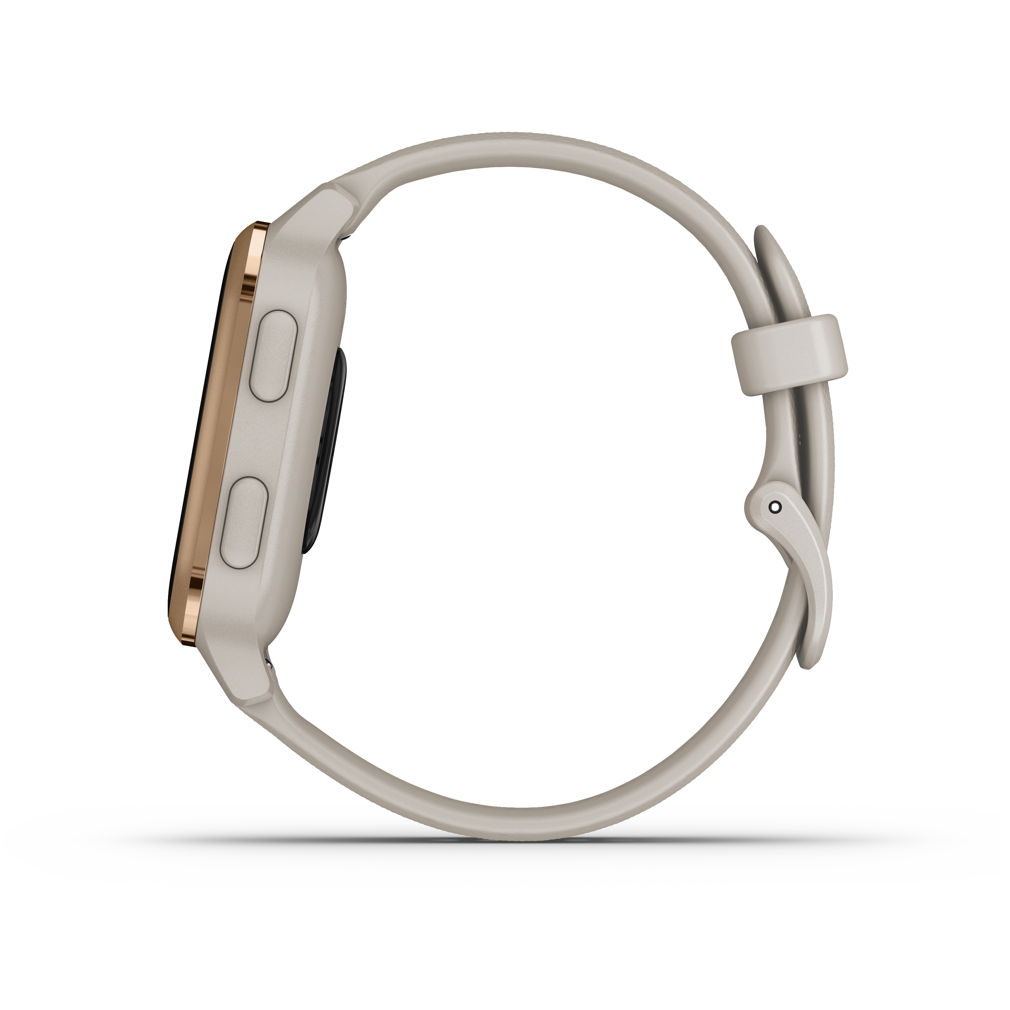 Eine beige Smartwatch von der Seite mit hellfarbenem Armband gezeigt.