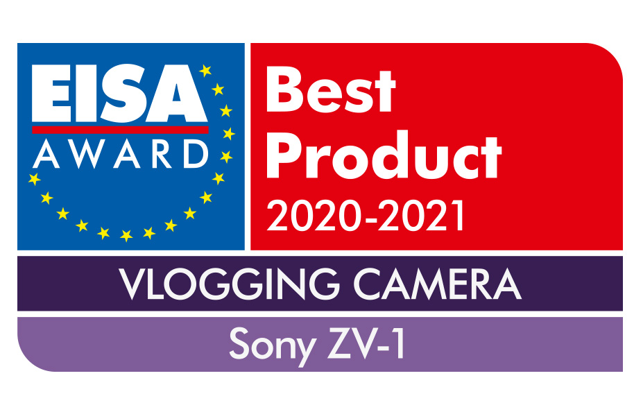Premio EISA per il miglior prodotto 2020-2021. Testo: Vlogging Camera, Sony ZV-1. Colori rosso, blu, bianco e viola.