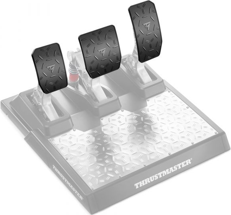 Un set di pedali per volante da corsa nero e grigio. Tre pedali sono su una base con il logo Thrustmaster.