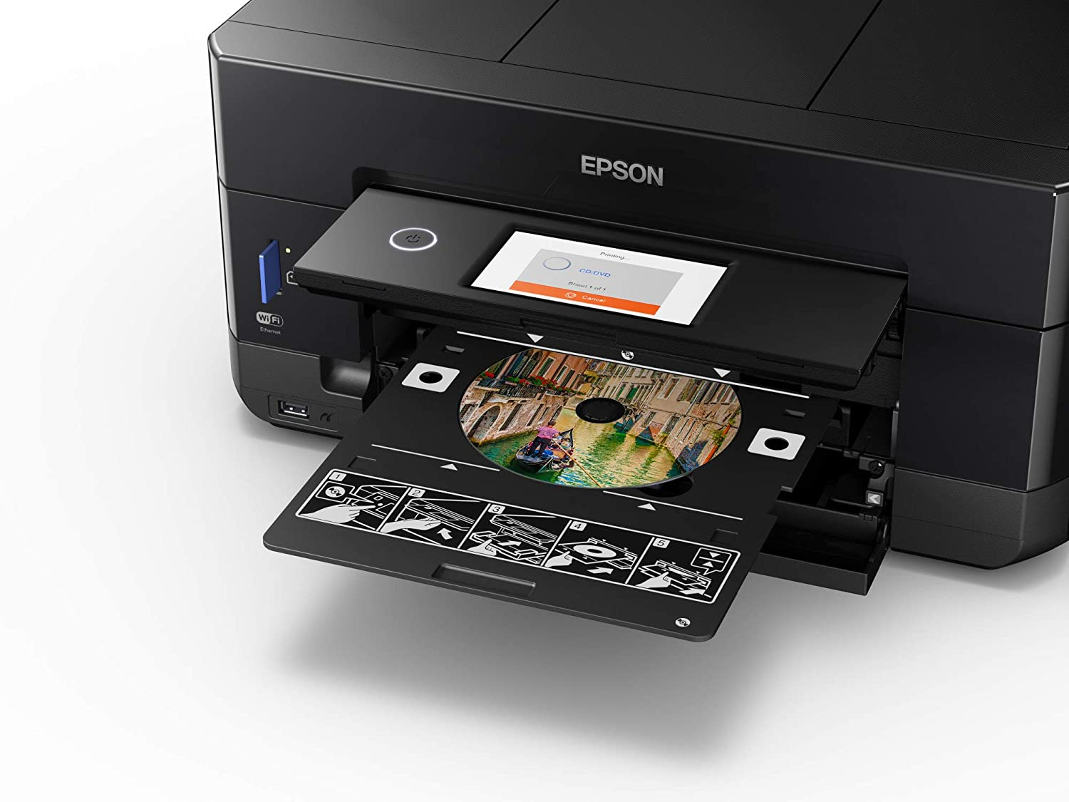 Una impresora Epson con la bandeja de CD extendida, mostrando una imagen de una góndola.