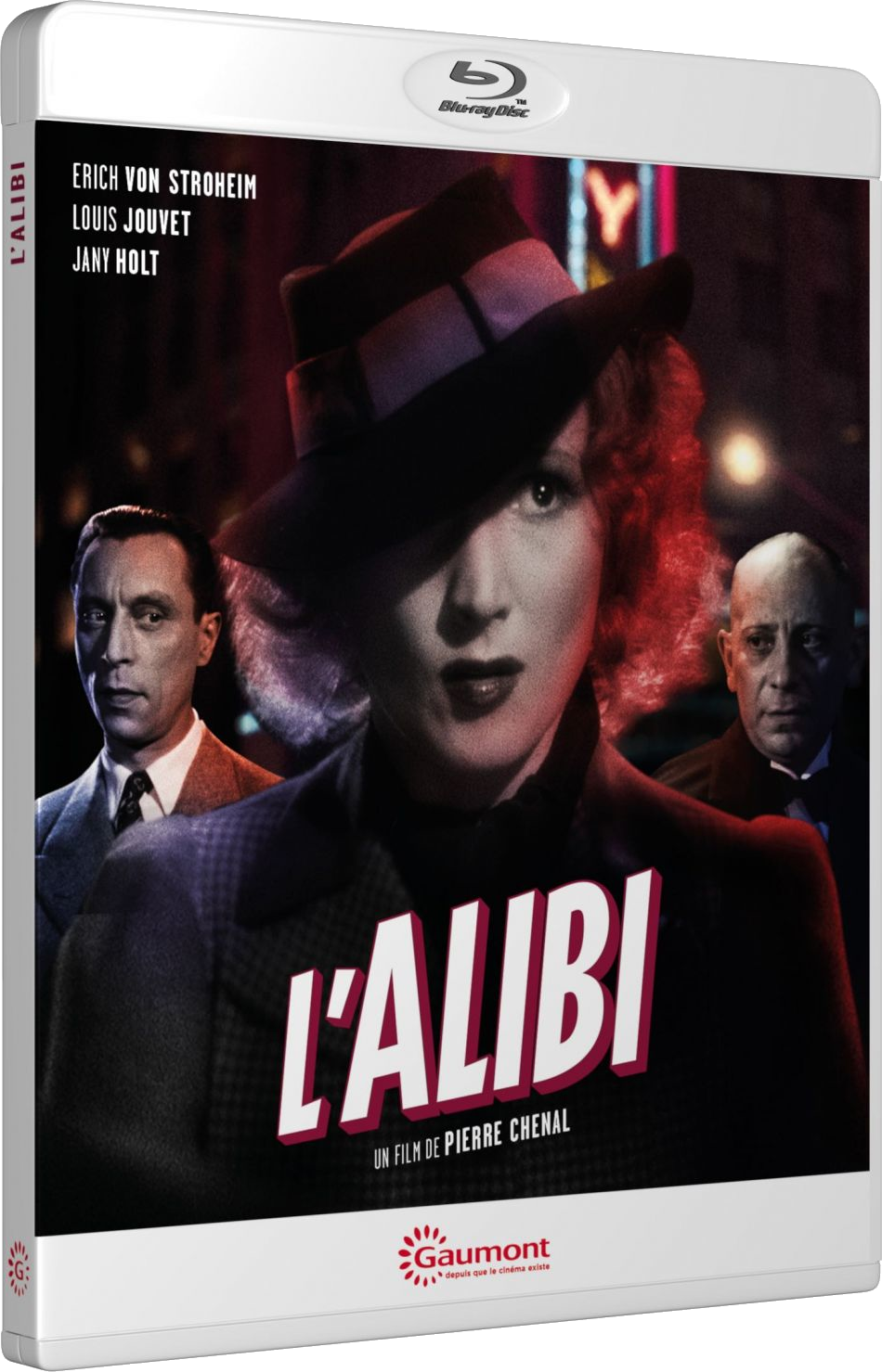 Pochette de film avec une femme chapeautée, deux hommes et le titre "L'Alibi".