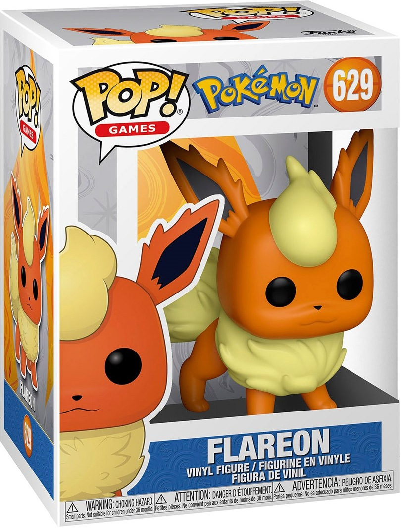 Une figurine Funko Pop de Flareon de Pokémon, dans sa boîte avec un fond enflammé.