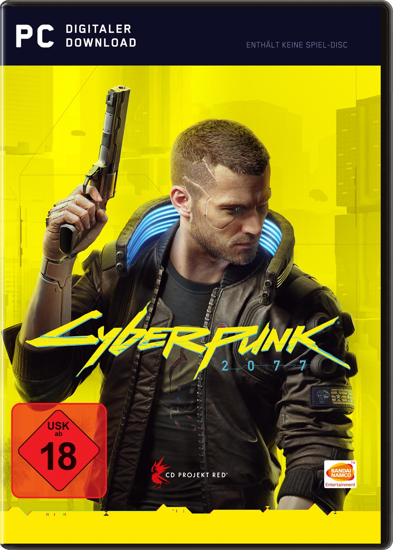 Cyberpunk 2077-Spielcover mit einem Mann, der eine Waffe hält. Rotes USK 18-Logo.