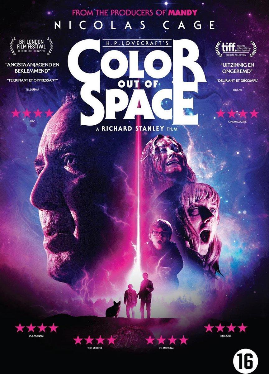 Affiche du film 'Color Out of Space' avec Nicolas Cage et un fond coloré.