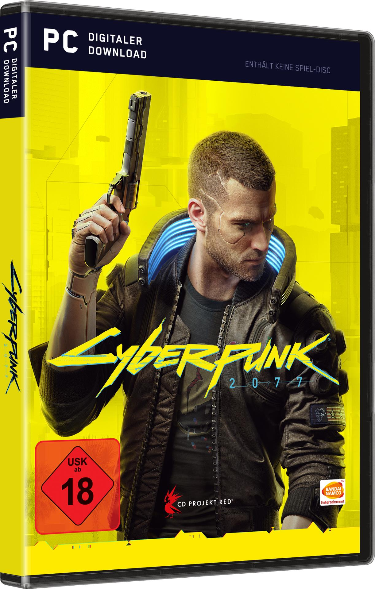 Eine Cyberpunk 2077 Spielhülle mit einem Mann, der eine Waffe hält.