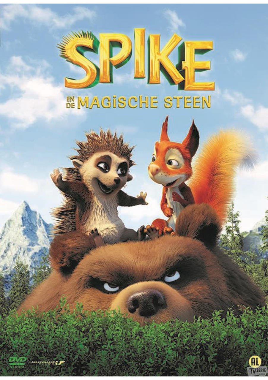 DVD-hoes voor 'Spike en de Magische Steen'. Egel, eekhoorn en beer in een bosscene.