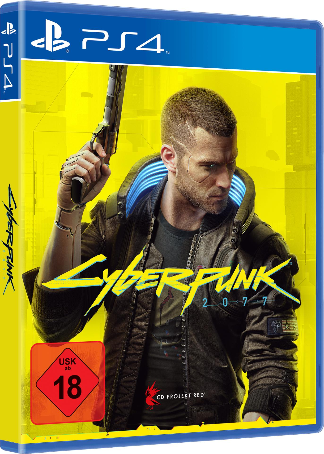 Cyberpunk 2077 PS4-Spielhülle mit Mann mit Waffe, gelbem Hintergrund und blauen Akzenten.