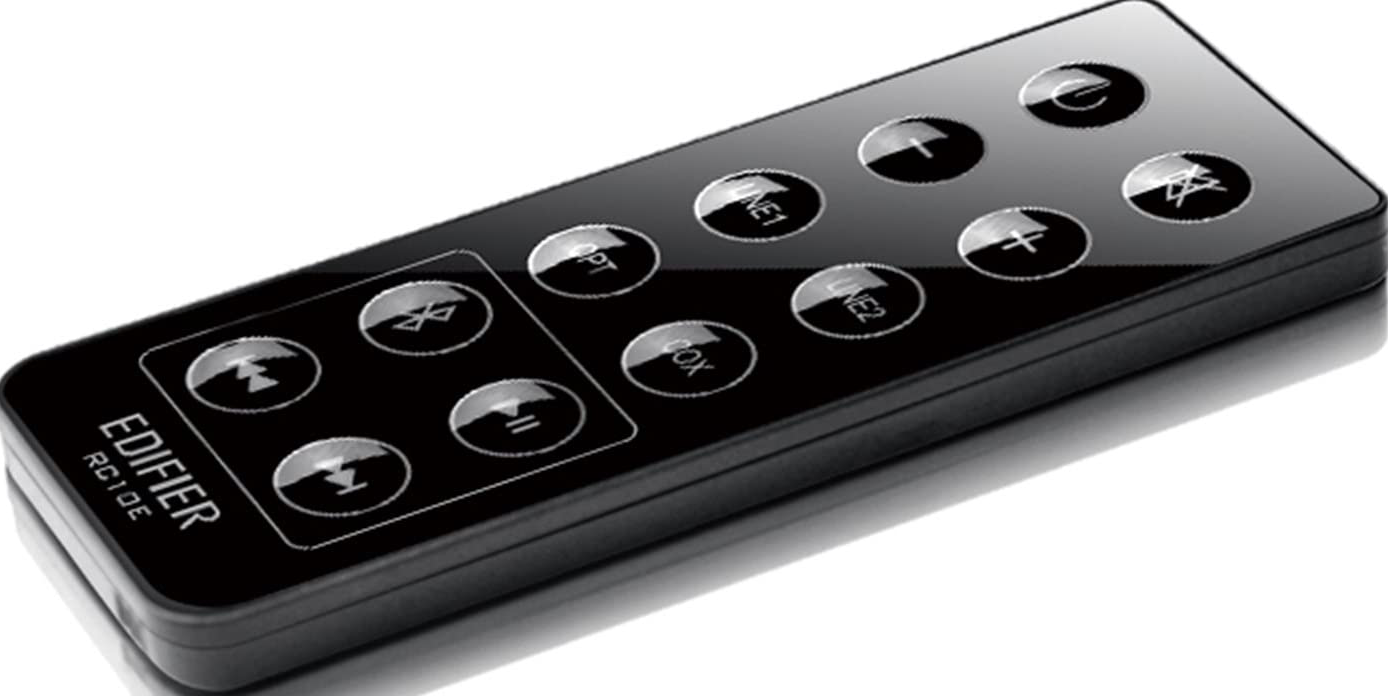 Une télécommande Edifier noire avec plusieurs boutons.