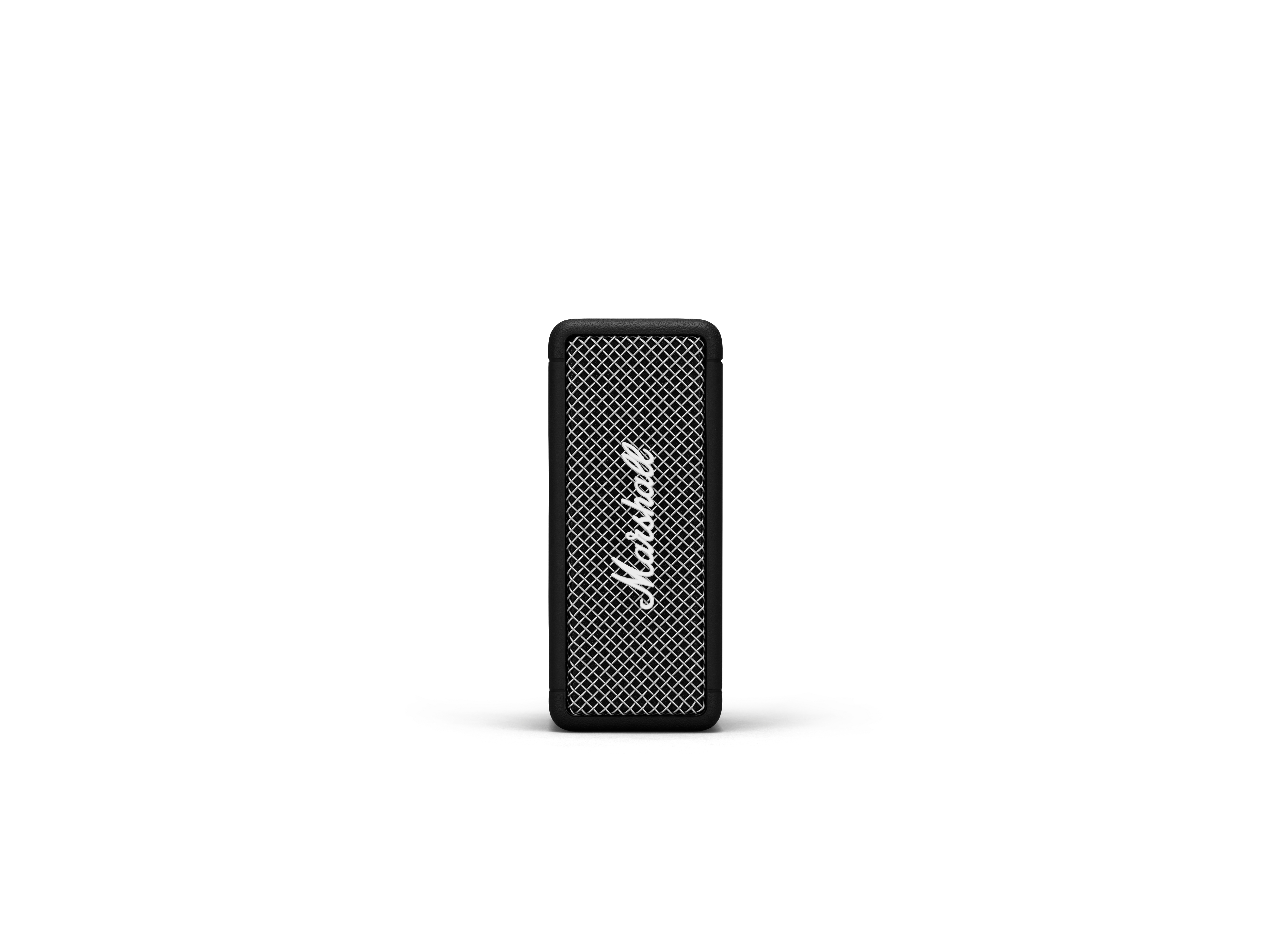 Ein schwarzer Marshall-Lautsprecher mit weißem Marshall-Logo auf weißem Hintergrund. Der Lautsprecher hat eine Mesh-Front.