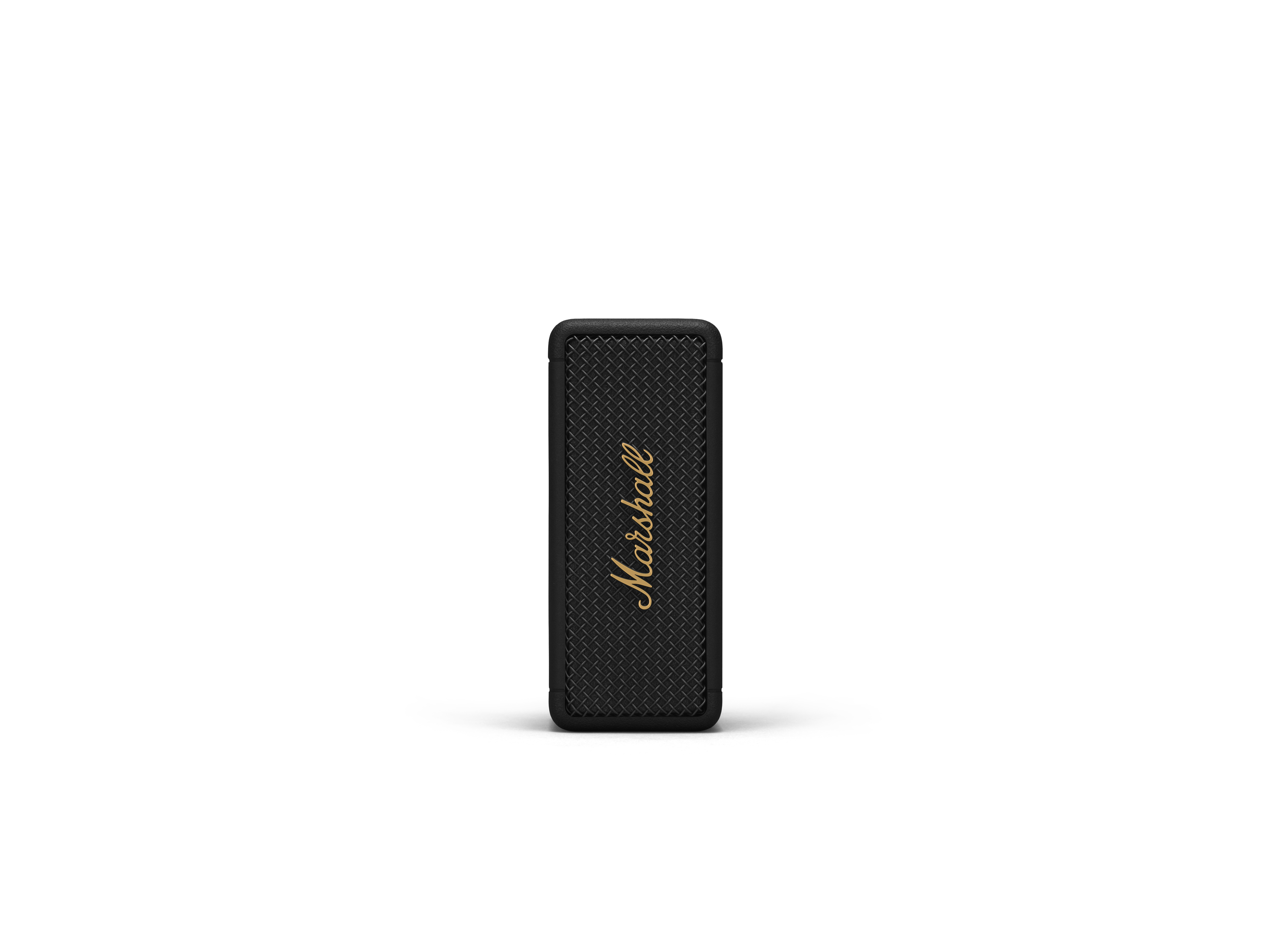 Schwarzer Marshall-Lautsprecher, vertikal, mit Marshall-Logo in Gold.
