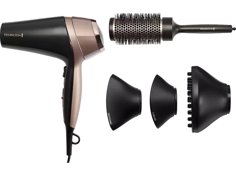 Schwarzer und roségoldener Haartrockner mit drei Aufsätzen: Glättungs-, Locken- und Diffusordüse.