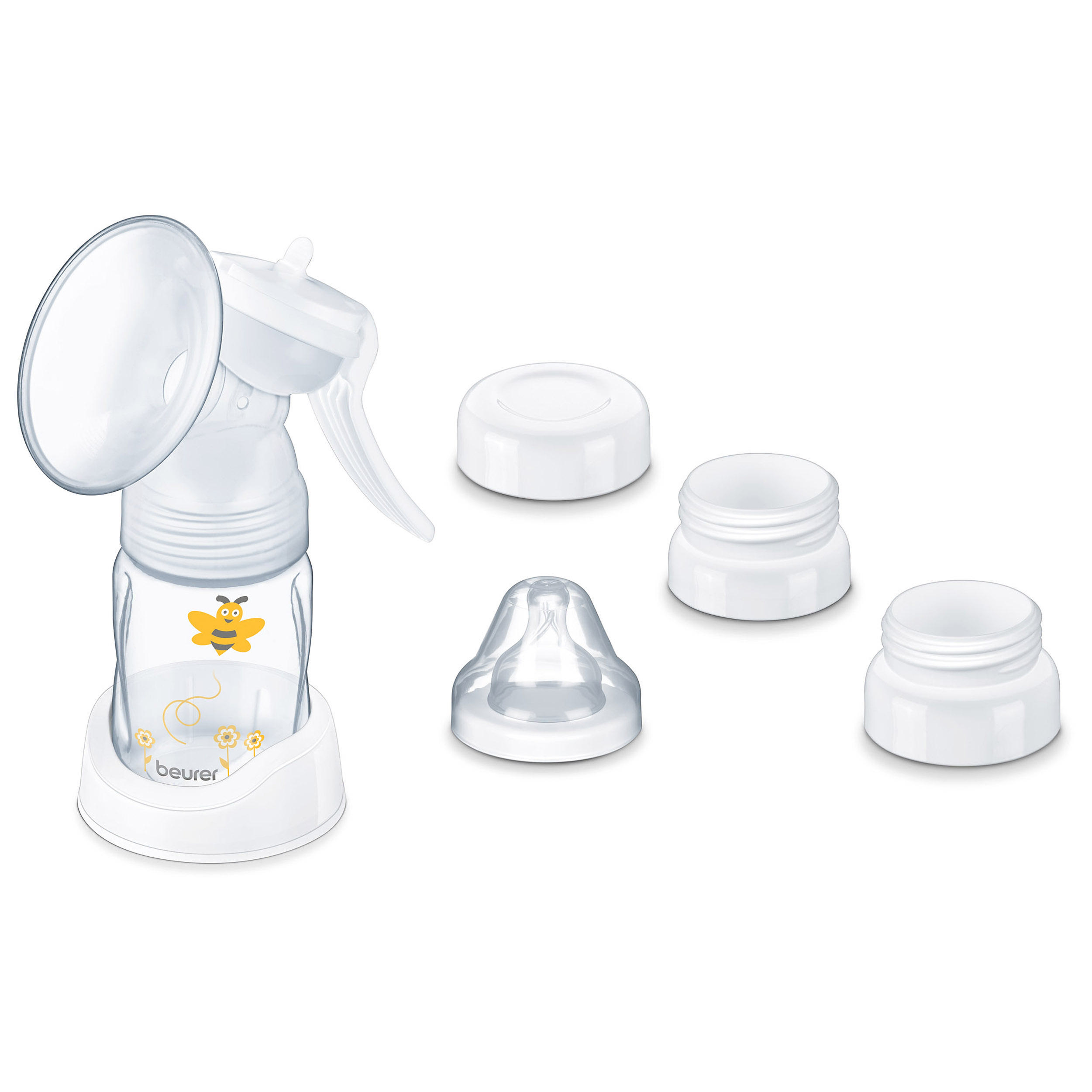 Eine weiße und transparente Brustpumpe mit getrennten Teilen, einschließlich Flasche und Nippel.