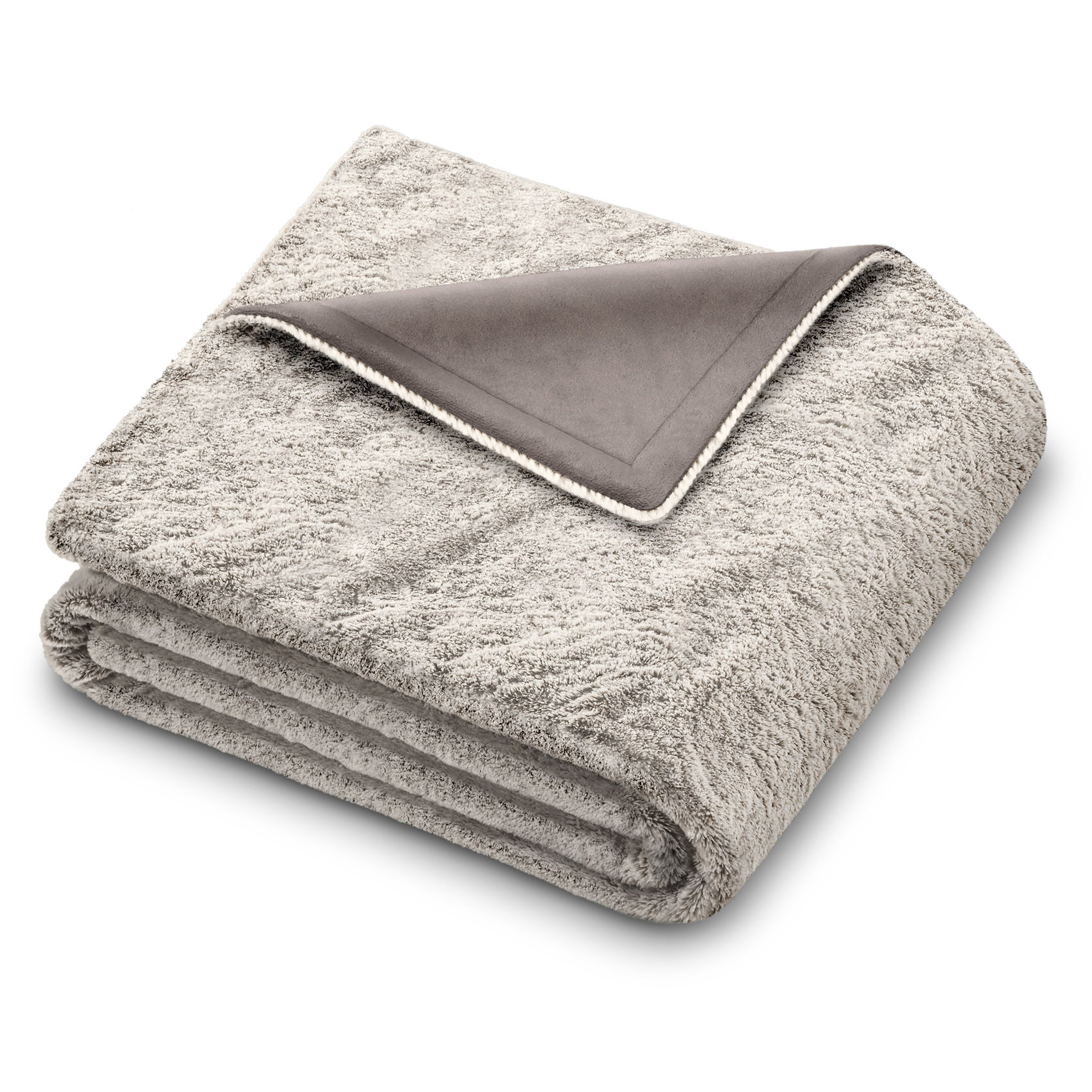 Gefaltete beige Decke mit grauer Unterseite und weißem Besatz.