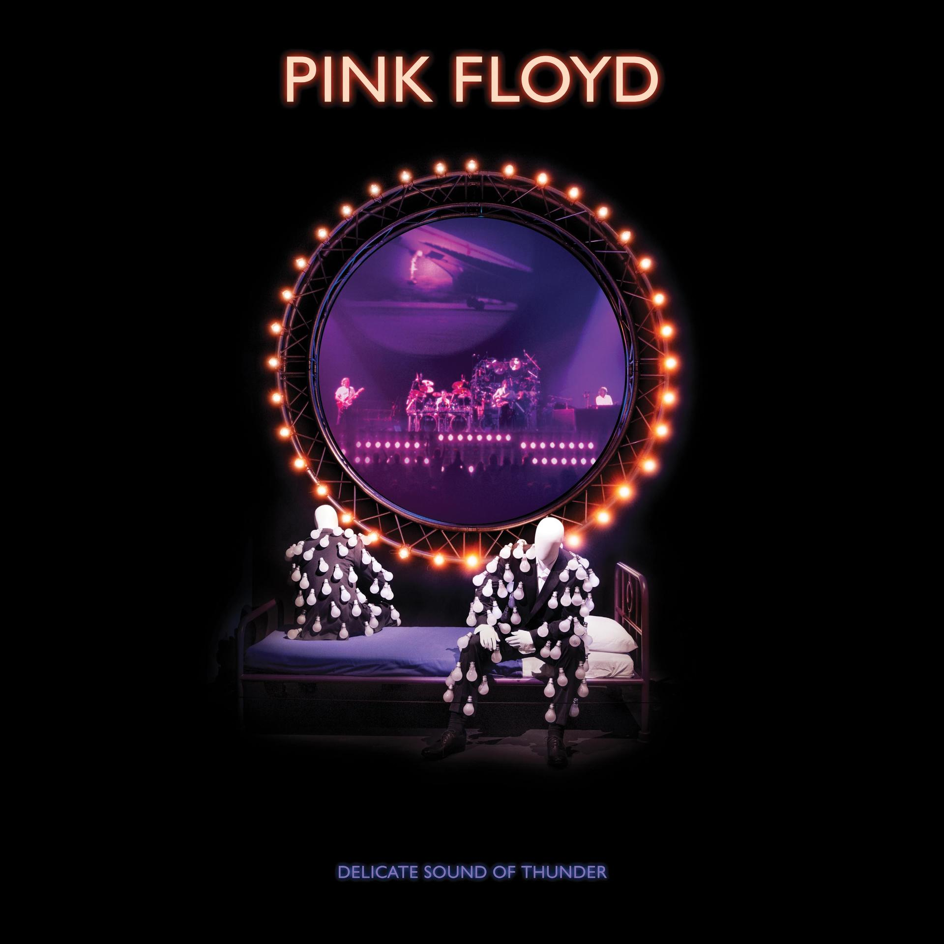 Albumcover für Pink Floyds 'Delicate Sound of Thunder'. Enthält eine Bühnenszene in einem Kreis.