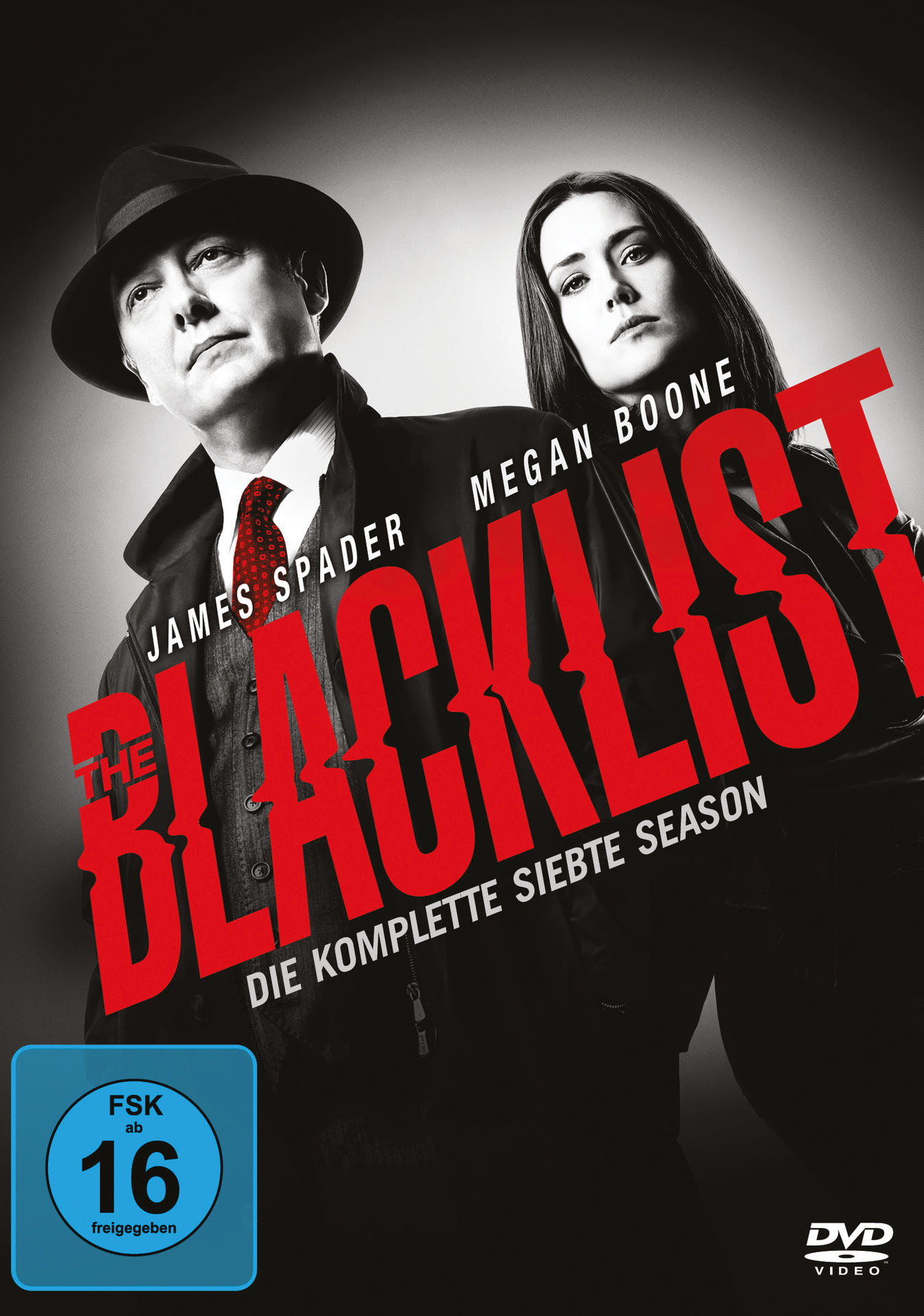 DVD-Cover für The Blacklist Staffel 7. James Spader und Megan Boone sind zu sehen.