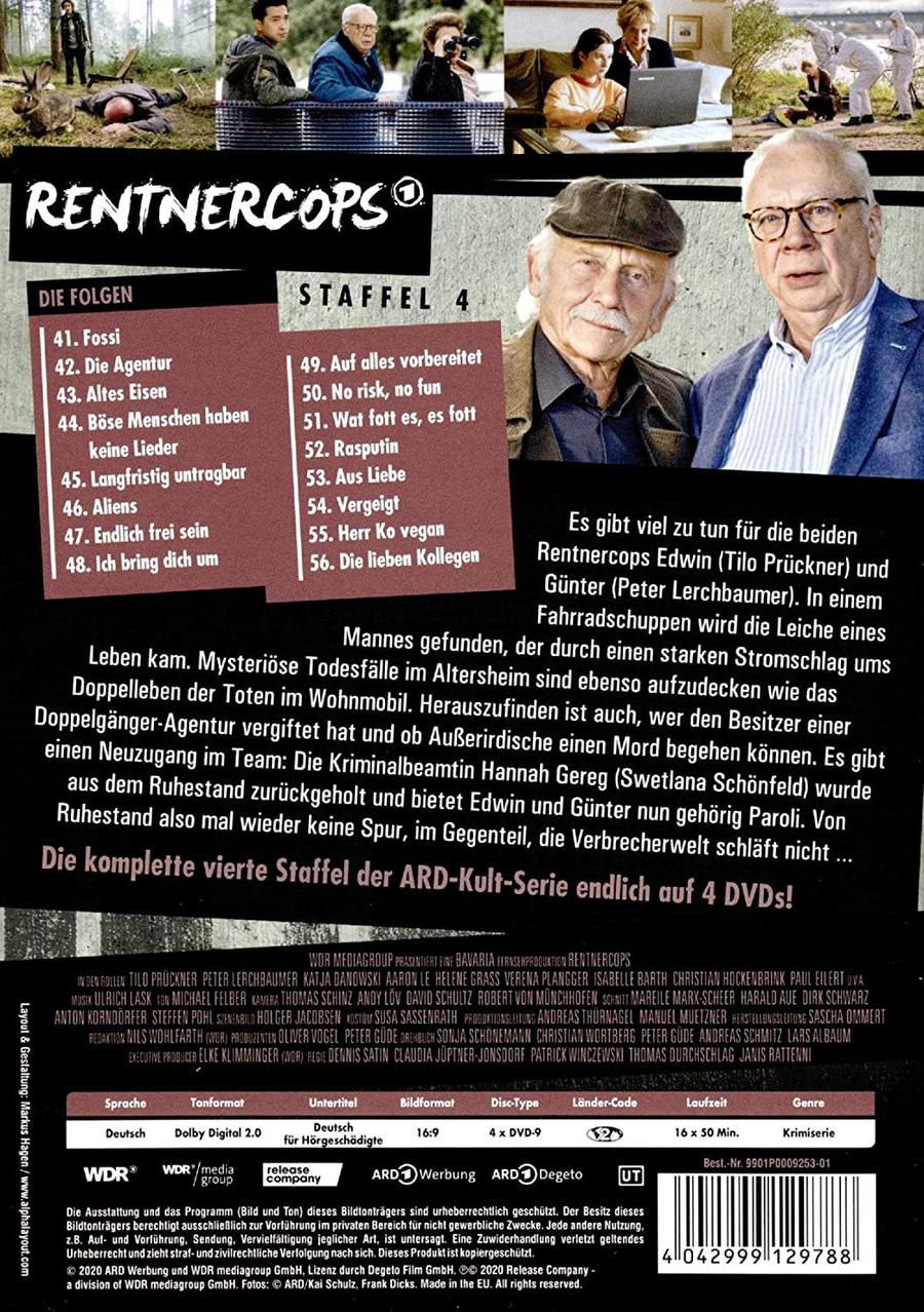 Rückseite der Rentnercops Staffel 4 DVD-Hülle mit Fotos der Schauspieler und Details.