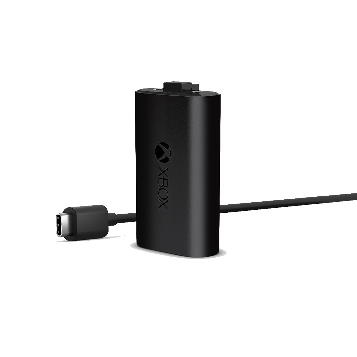Zwart oplaadbaar Xbox-batterijpakket met een USB-C-kabel, tegen een witte achtergrond.
