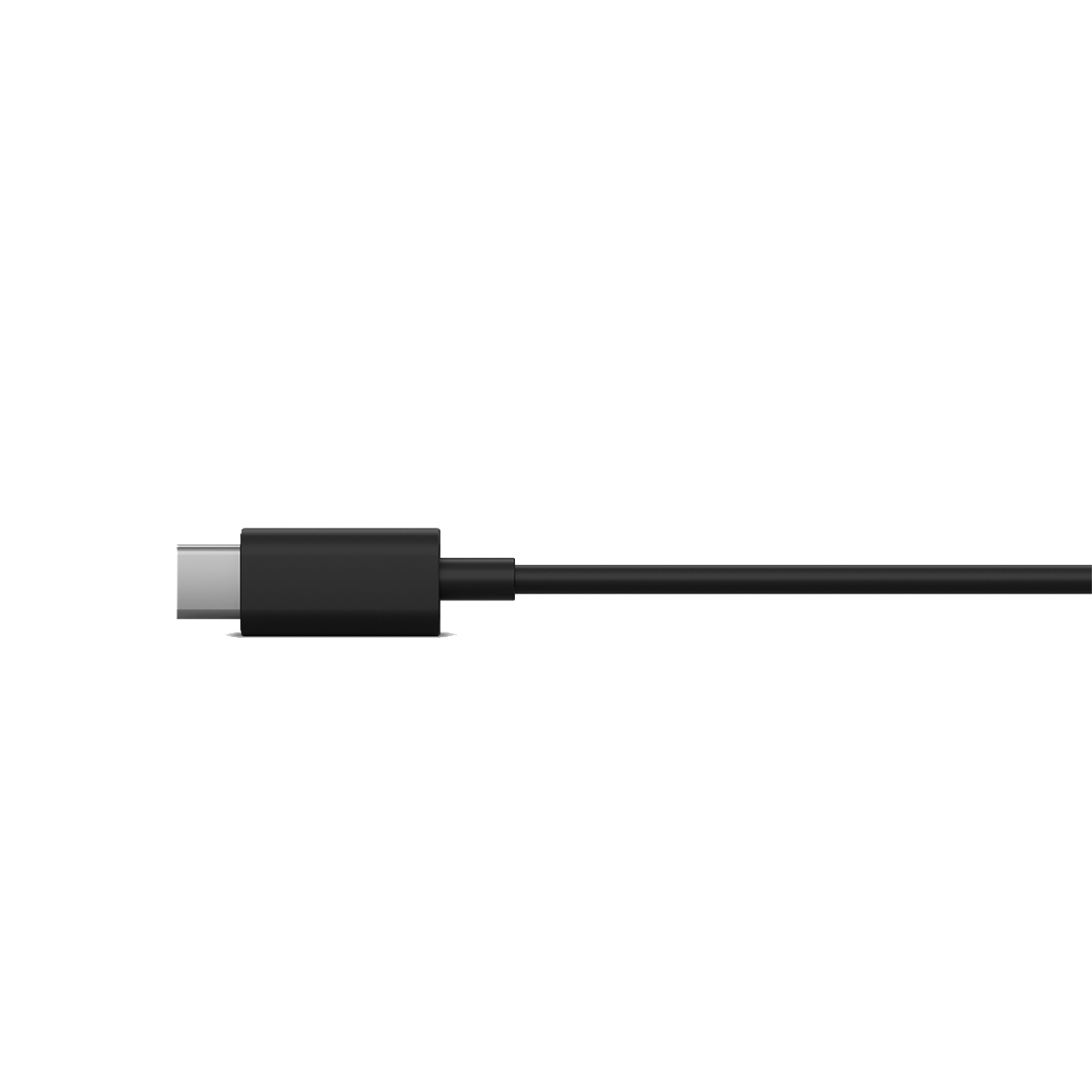 Zwarte USB-C kabel met een connector aan één uiteinde, geïsoleerd op een zwarte achtergrond.