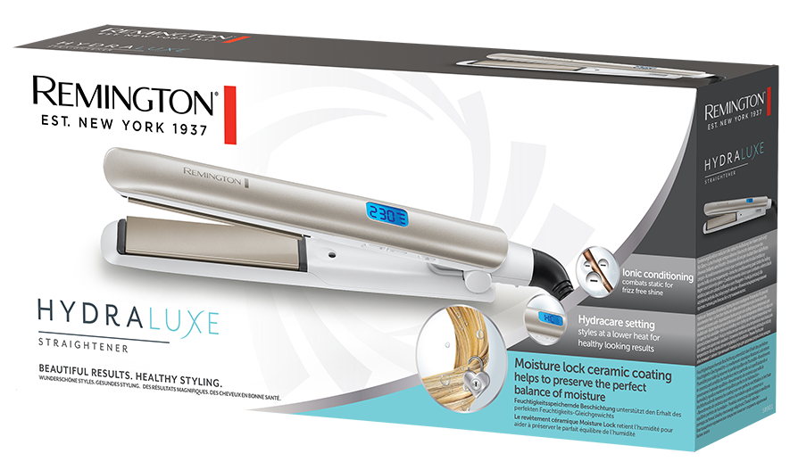 Remington HydraLuxe hajvasaló egy dobozban. A dobozon szöveg és kép van a termékről.