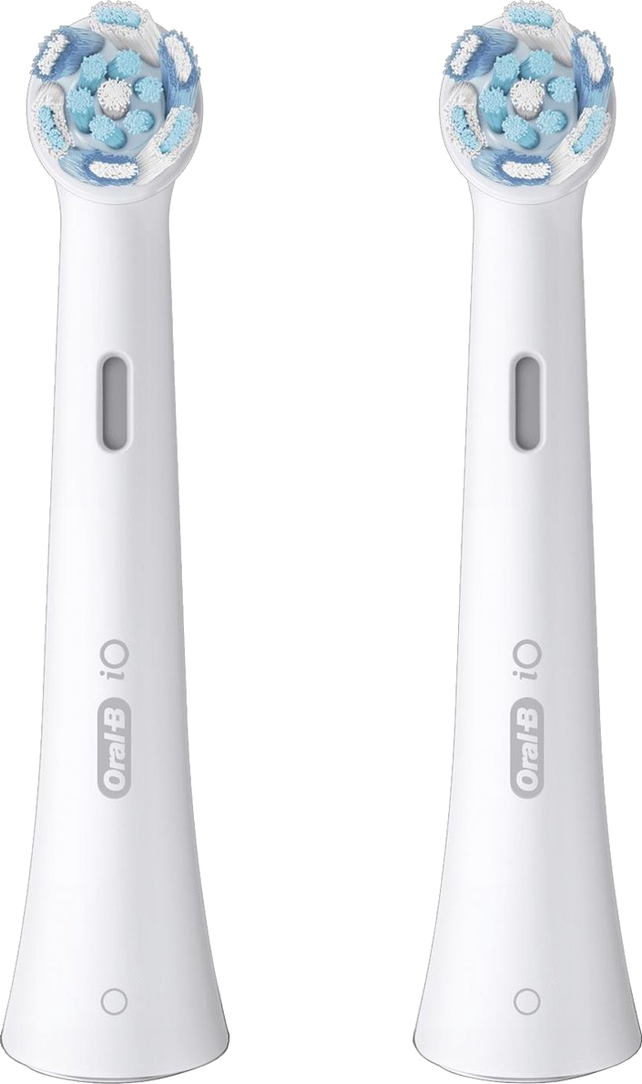 Deux têtes de brosse à dents électriques Oral-B iO. Blanches avec des poils bleus et blancs sur le dessus.
