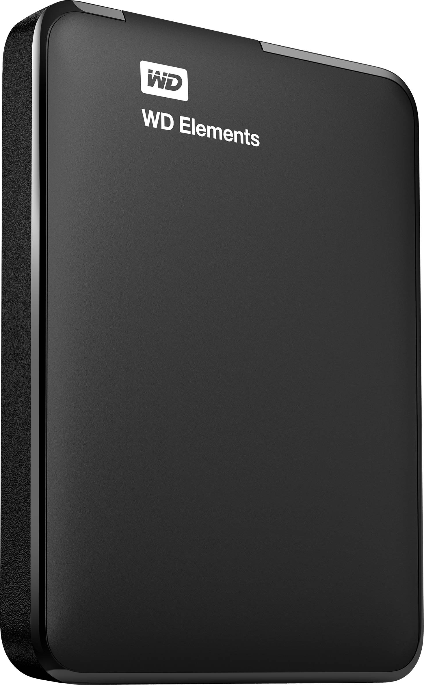 Disque dur externe WD Elements noir. Le disque a une finition mate avec le logo WD Elements.