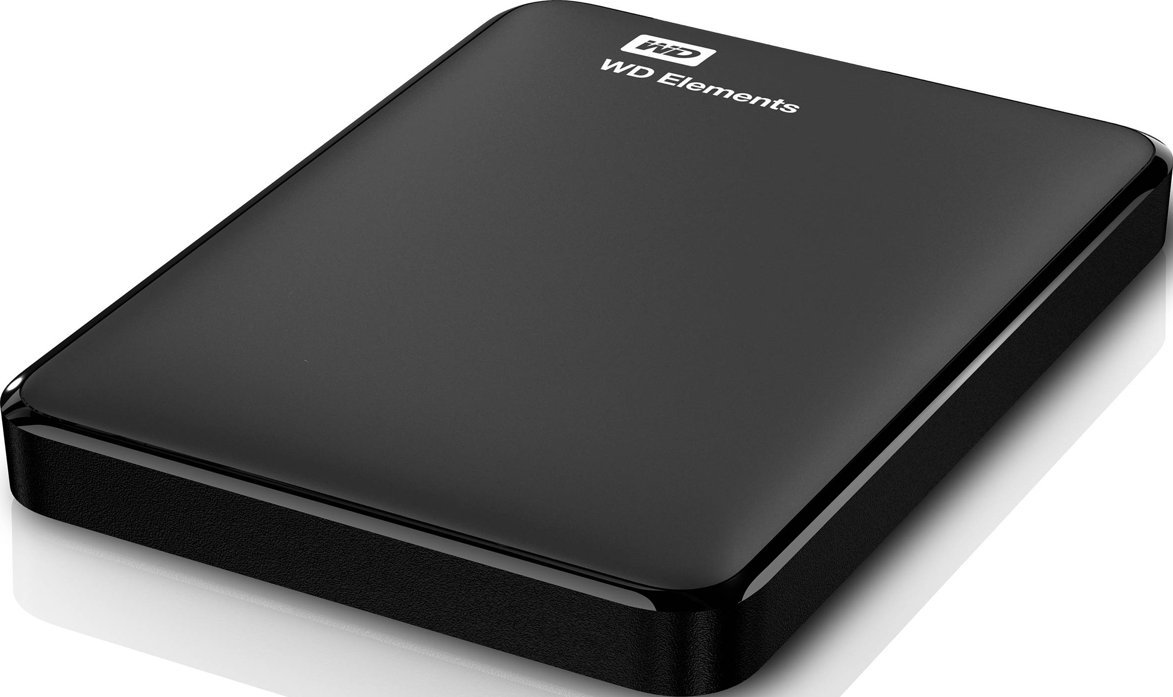 Un disque dur externe noir WD Elements, vue en angle, avec une surface brillante.