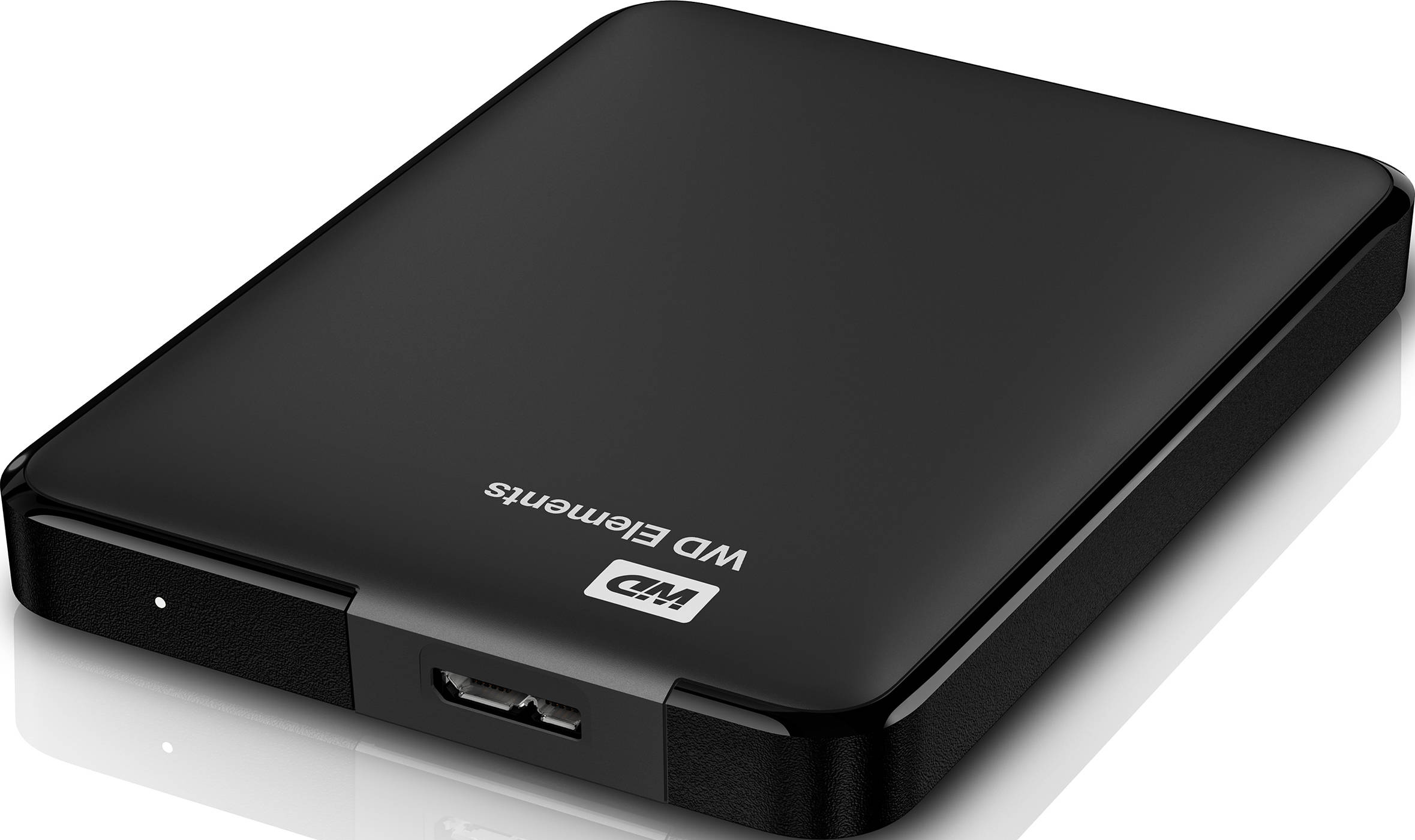 Un disque dur externe WD Elements noir. Il est rectangulaire avec des bords arrondis et un port USB.