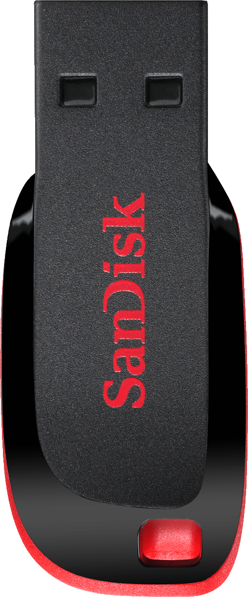 Clé USB SanDisk noire et rouge avec le nom de la marque visible.