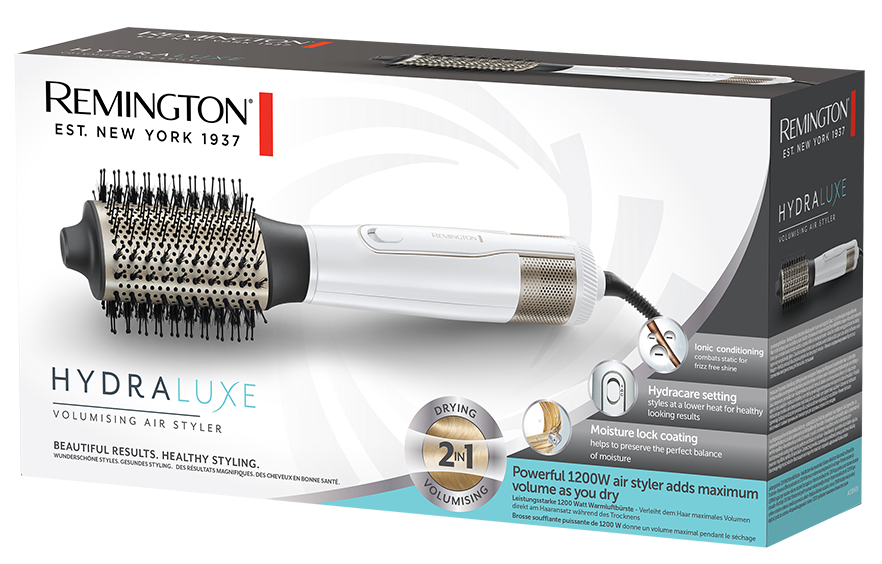 Remington HydraLuxe hajsütővas doboz, a hajsütővassal a belsejében.