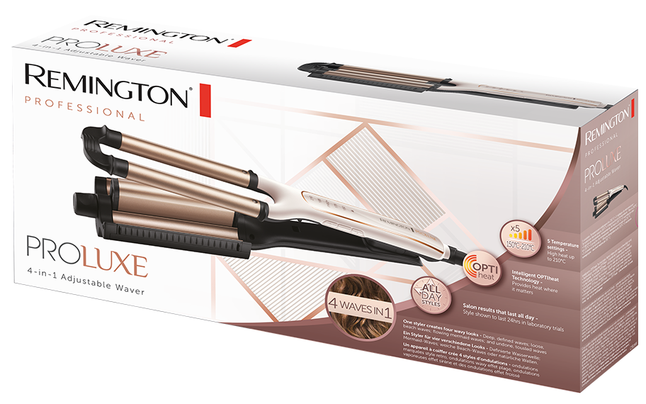 Remington ProLuxe 4 az 1-ben állítható hullámosító a dobozában, bemutatva a hullámosítót és funkcióit.