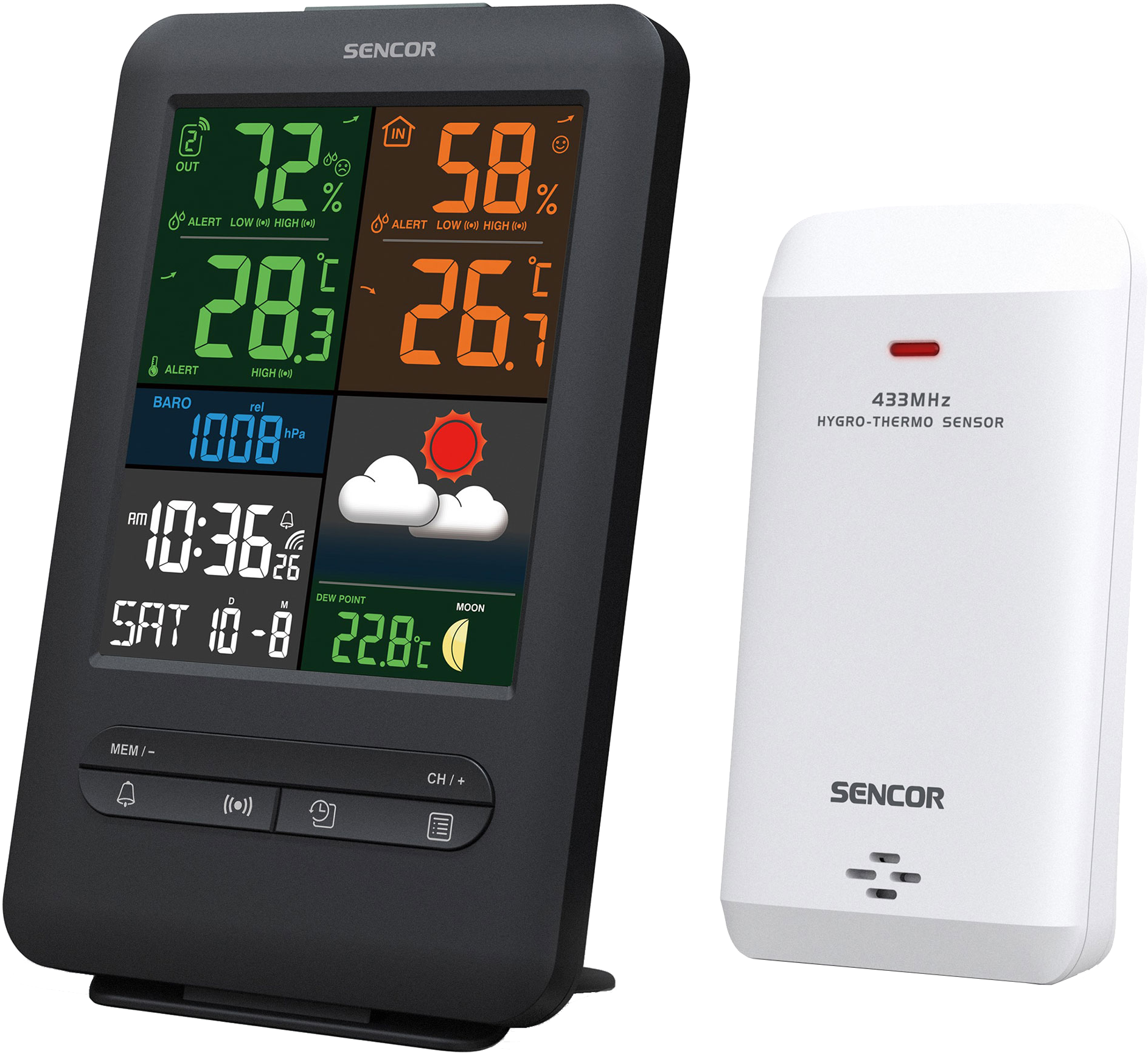 SENCOR SWS 7300 Időjárás állomás, 13,8 cm-es többszínű kijelzővel, fekete