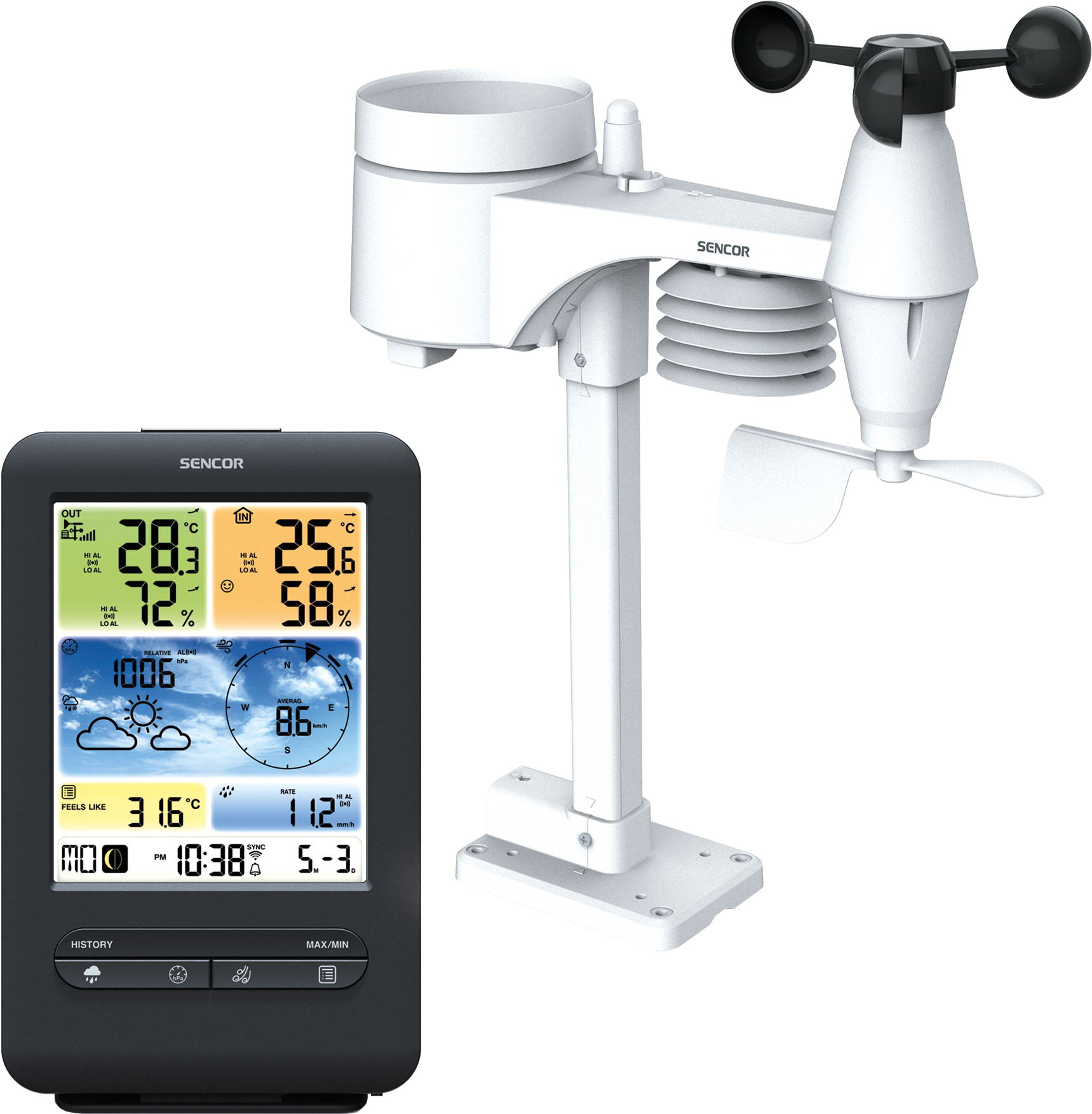SENCOR SWS 9898 WiFi Meteorológiai állomás 5az1ben külső érzékelő, 13,8 cm-es többszínű kijelző, fekete