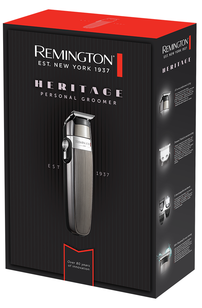 Fekete-piros Remington Heritage személyi borotva doboz, a borotvával.