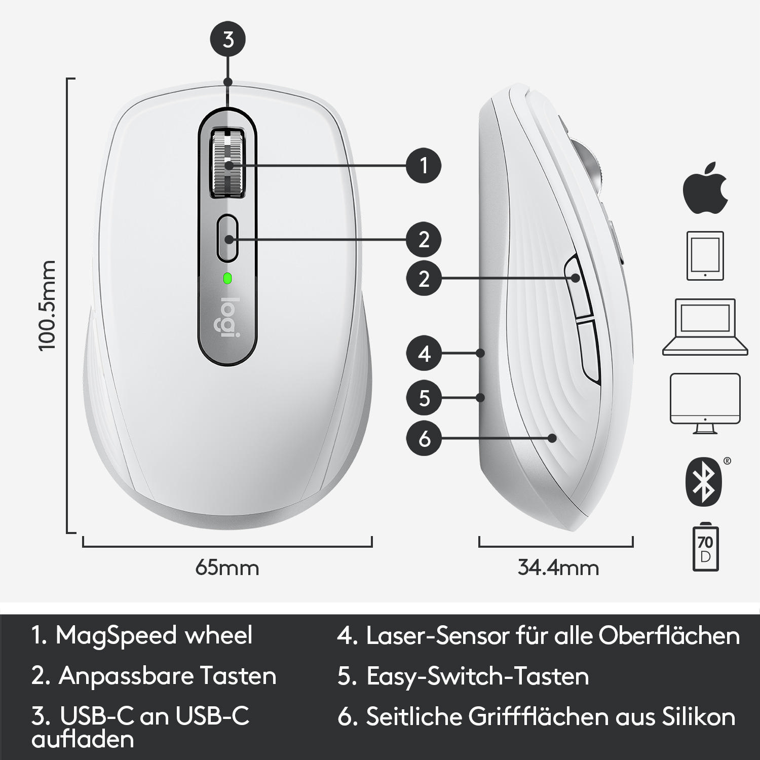 Anywhere 3 für Grey Space LOGITECH kompakte Maus, MX kabellose Mac
