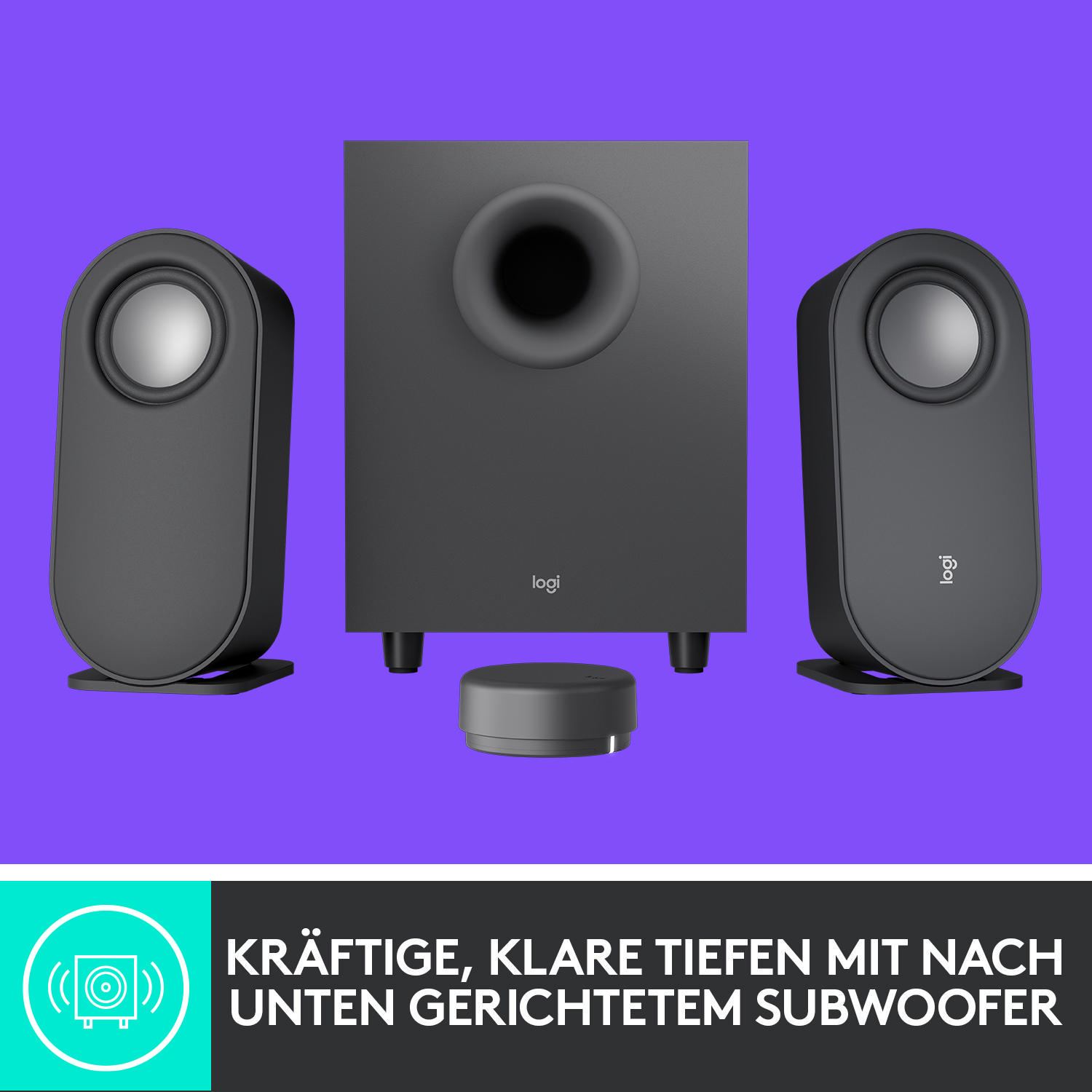 Ein schwarzes Logitech-Soundsystem mit zwei Lautsprechern, einem Subwoofer und einem Steuermodul.