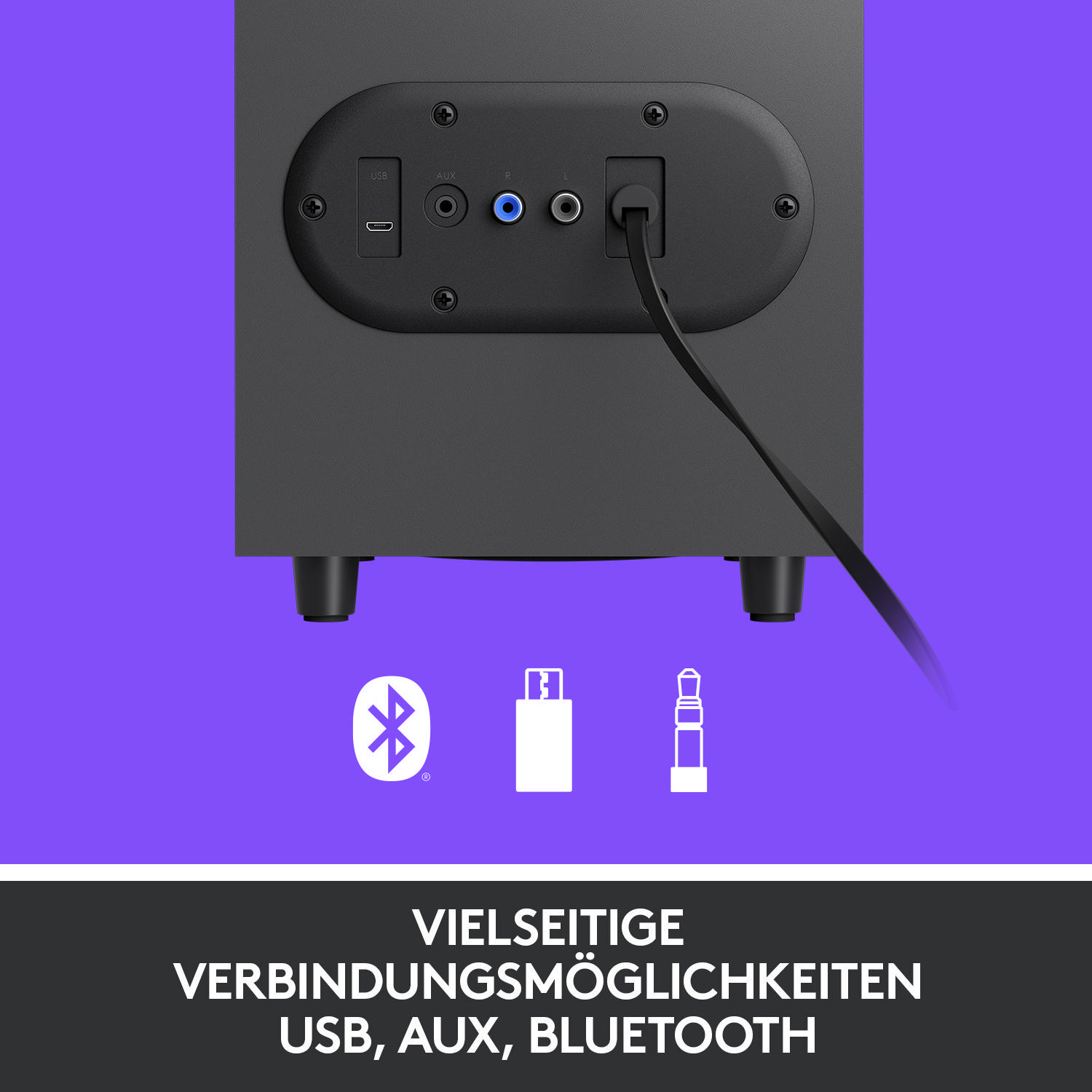 Schwarzer Lautsprecher mit Bluetooth, USB und AUX-Eingängen auf violettem Grund.