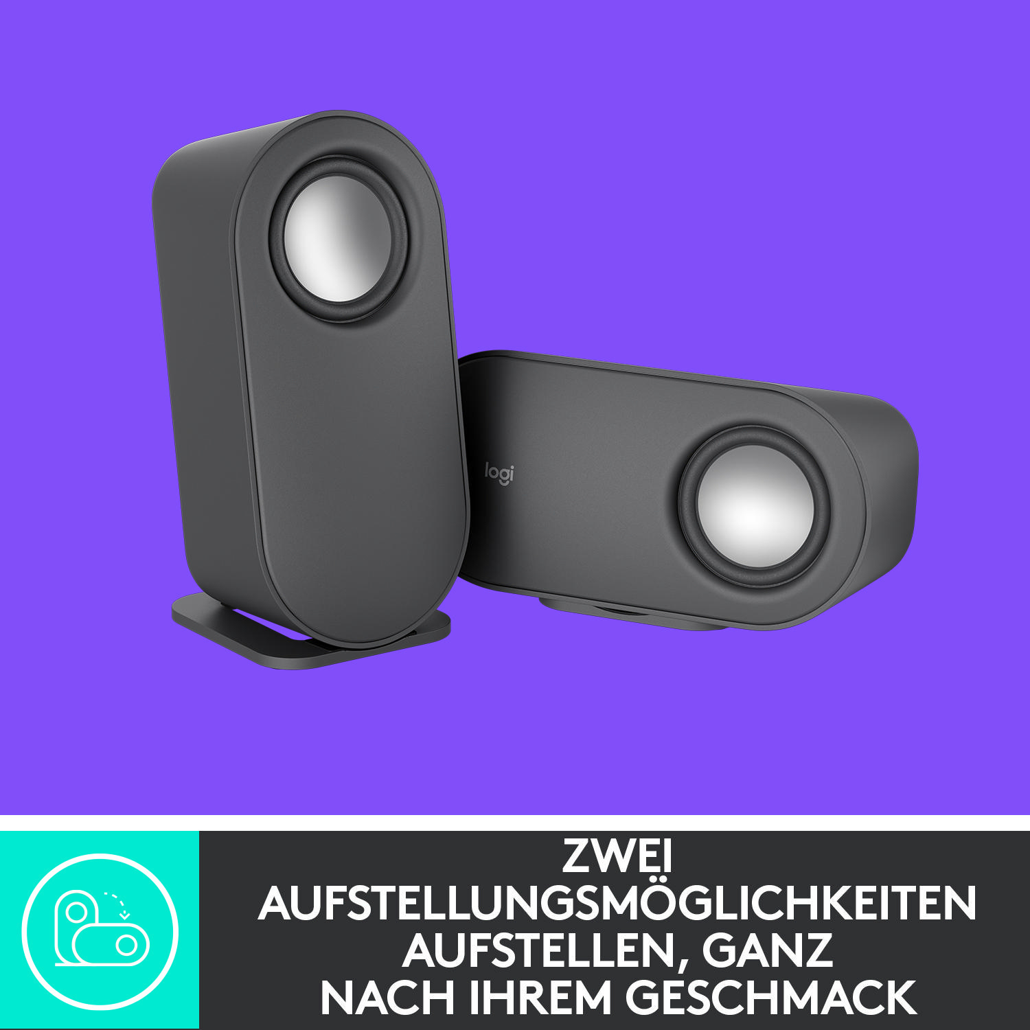 Zwei graue Logitech-Computerlautsprecher auf einer lila Oberfläche mit Text und Logo.