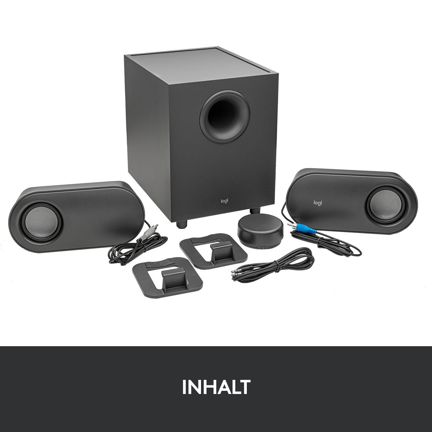 Schwarzes Lautsprecherset mit Subwoofer, zwei Satellitenlautsprechern und Zubehör.