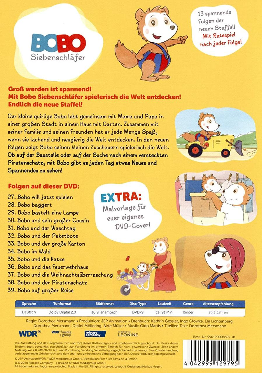 Die Rückseite einer DVD mit Zeichentrickfiguren. Text und Bilder auf weißem Hintergrund. Es ist eine Zeichentrick-DVD.