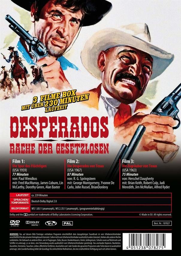 Filmposter: Zwei Männer mit Cowboyhüten, die Waffen halten. Titel: Desperados, mit Text und Bildern.