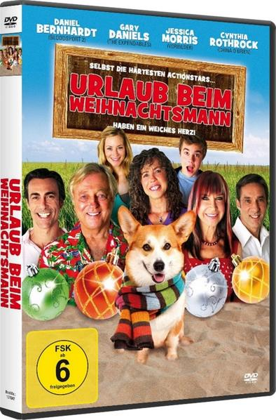 DVD-Cover eines deutschen Weihnachtsfilms. Schauspieler und ein Hund mit Schal stehen vor einer Urlaubsszene.