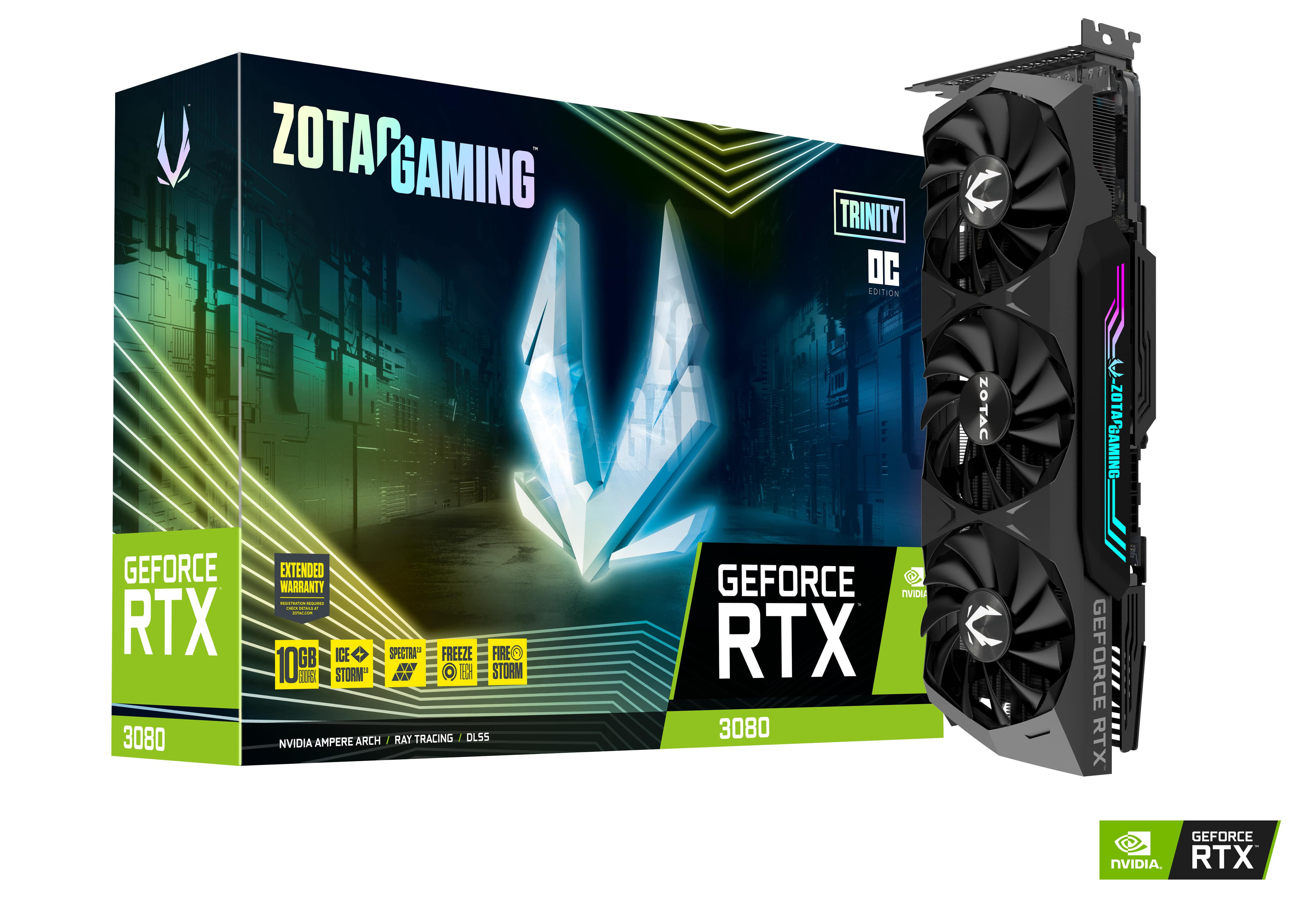 ZOTAC GeForce RTX 3080 Grafikkarte mit Box, grün und schwarz.