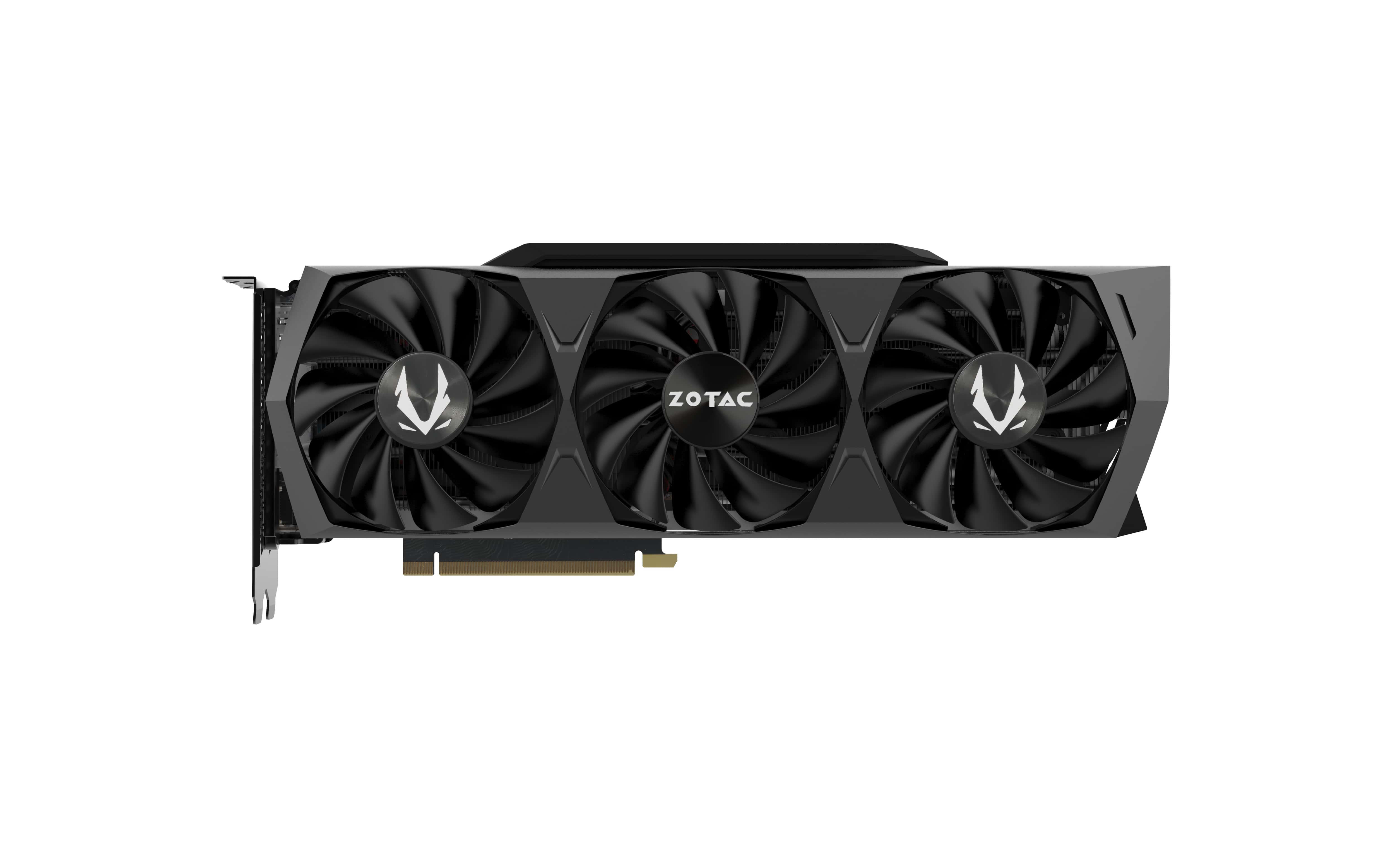 Eine schwarze ZOTAC-Grafikkarte mit drei Lüftern auf weißem Hintergrund.