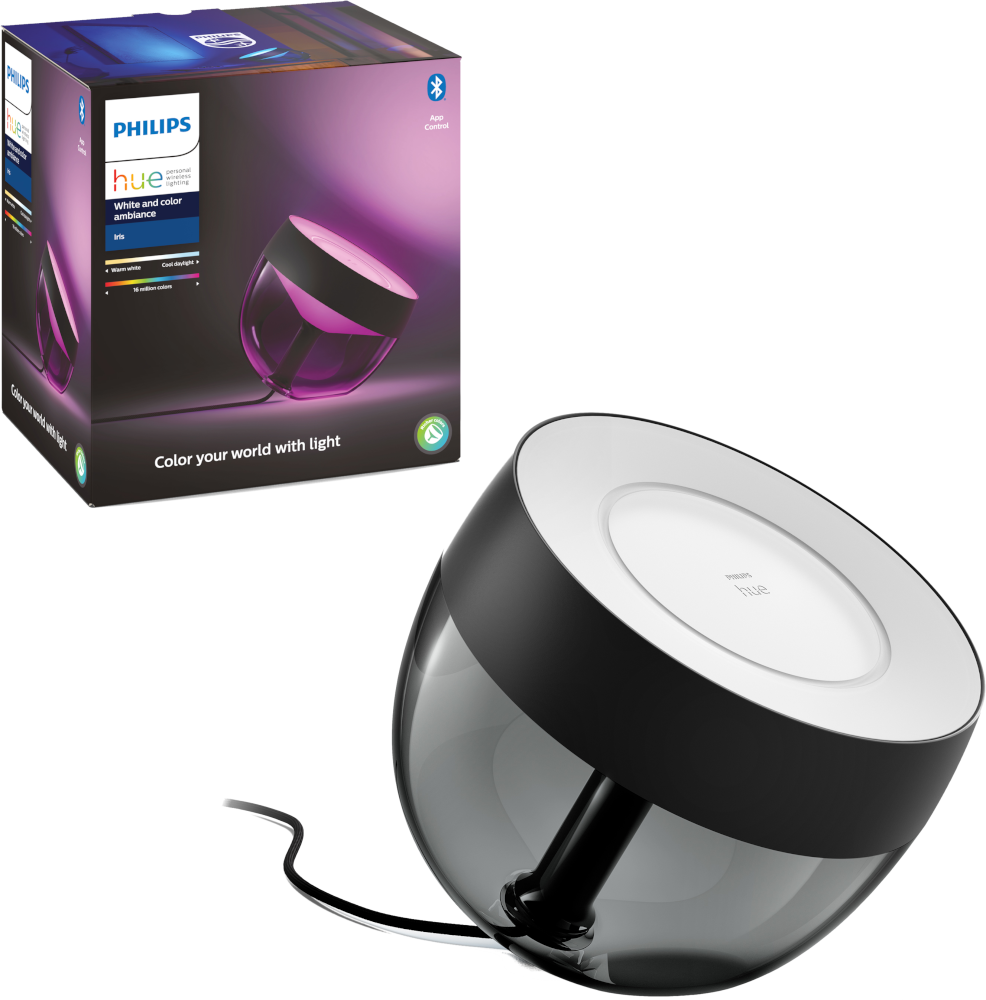 Een Philips Hue slimme lamp met een zwart-wit design en een doos.