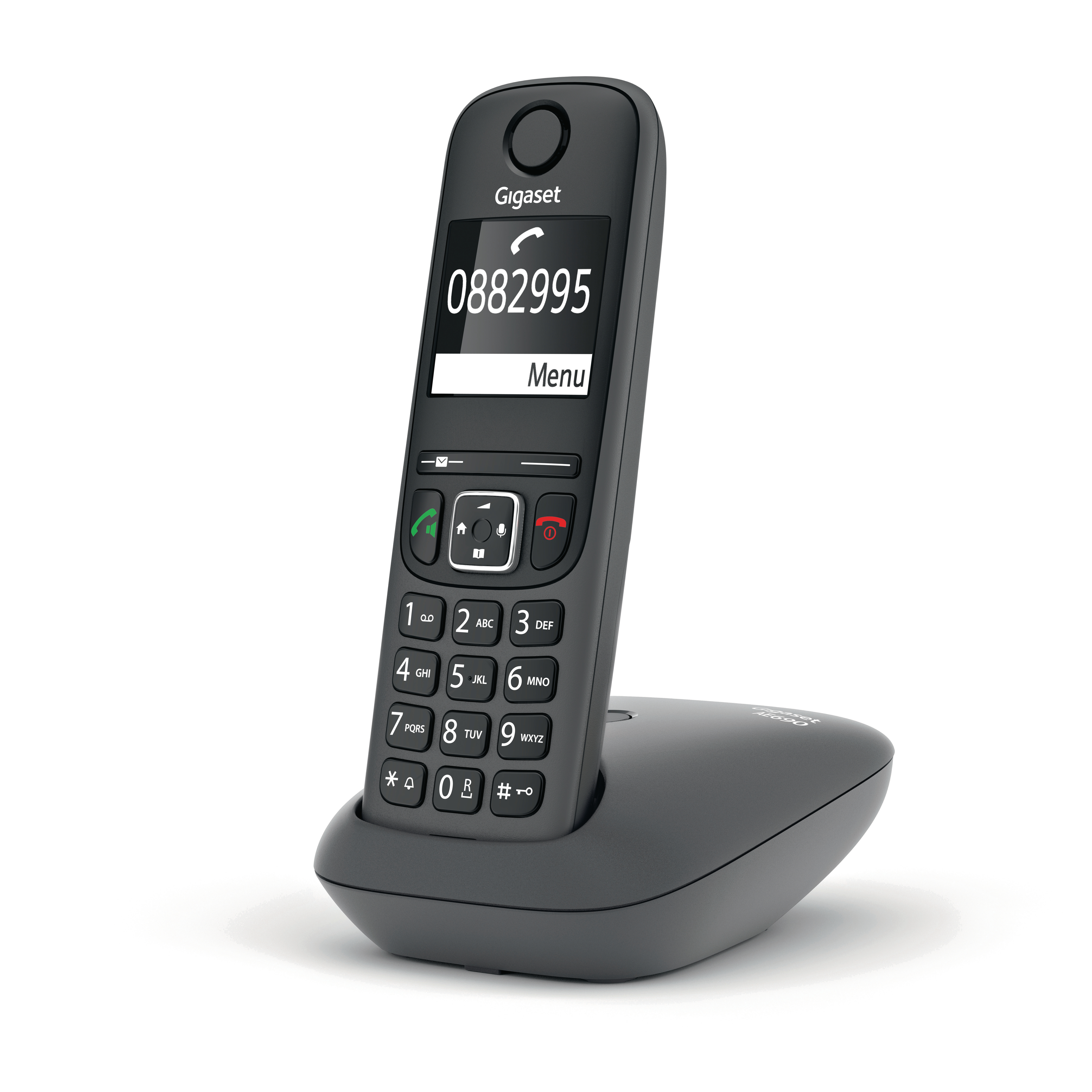 Ein schwarzes schnurloses Gigaset-Telefon auf einer Basis. Der Bildschirm zeigt eine Nummer und eine Menüoption an.