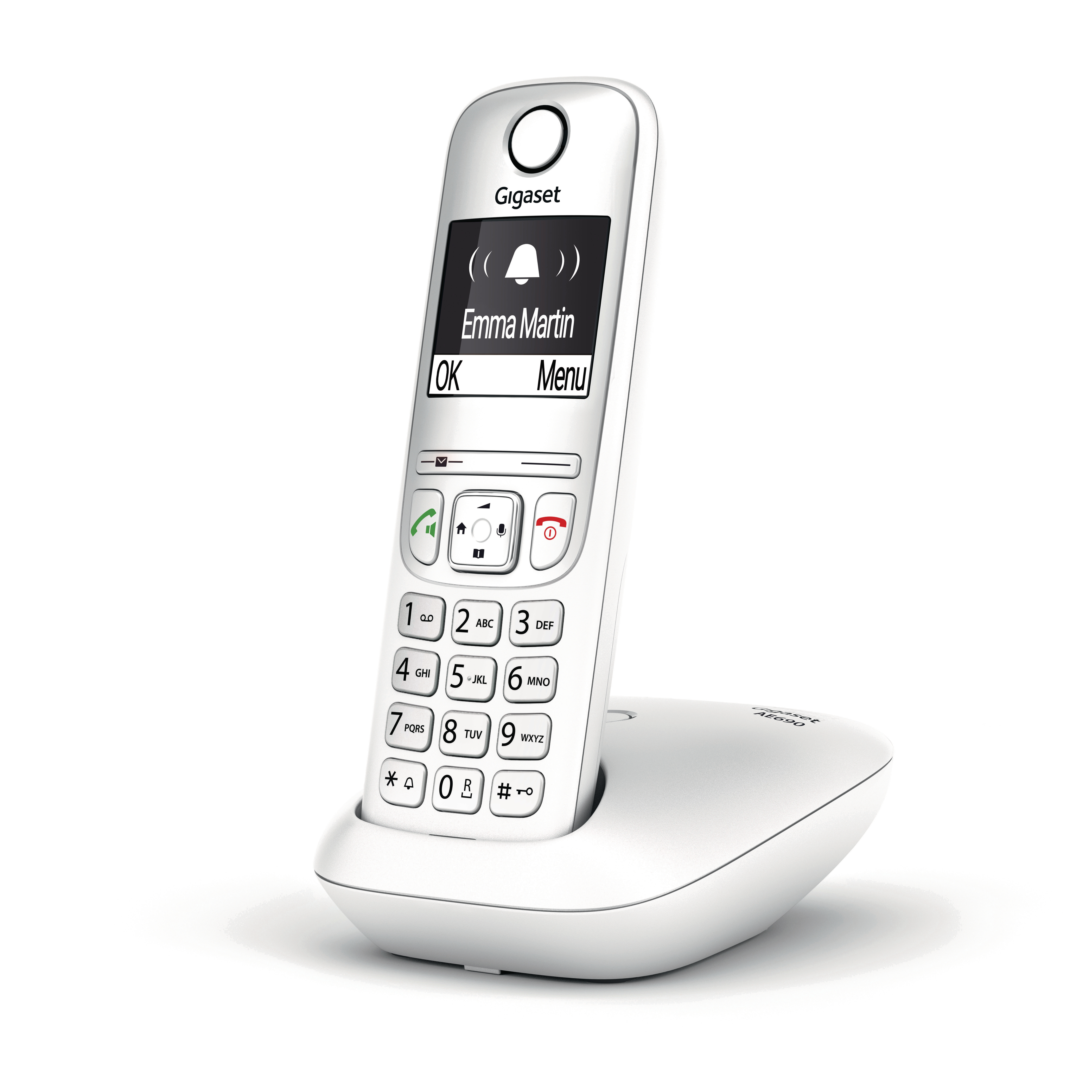 Weißes schnurloses Telefon auf Basis, Display zeigt Kontakt Emma Martin.