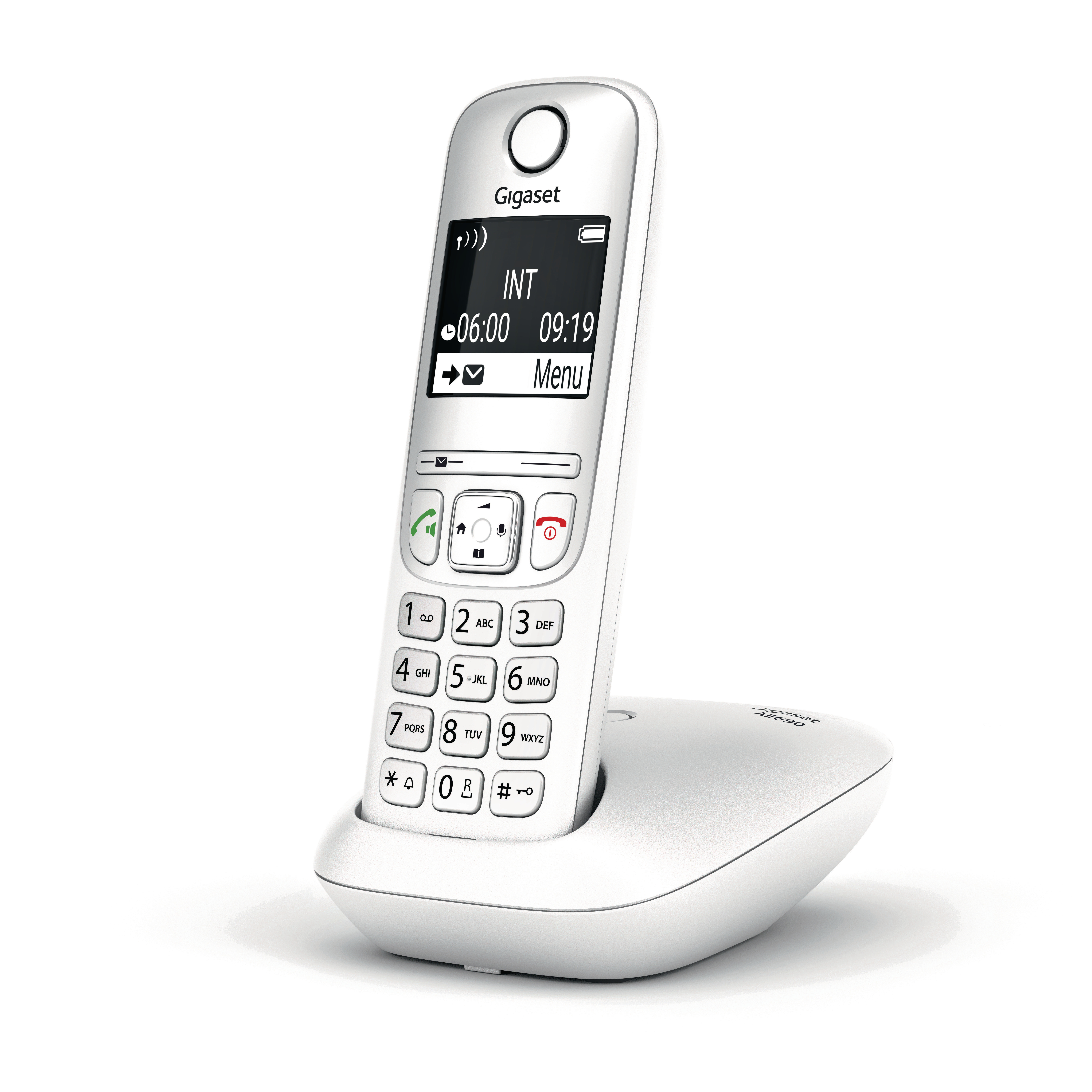 Weißes Gigaset-Schnurlostelefon auf seiner Basis, das den Bildschirm und die Tastatur zeigt.