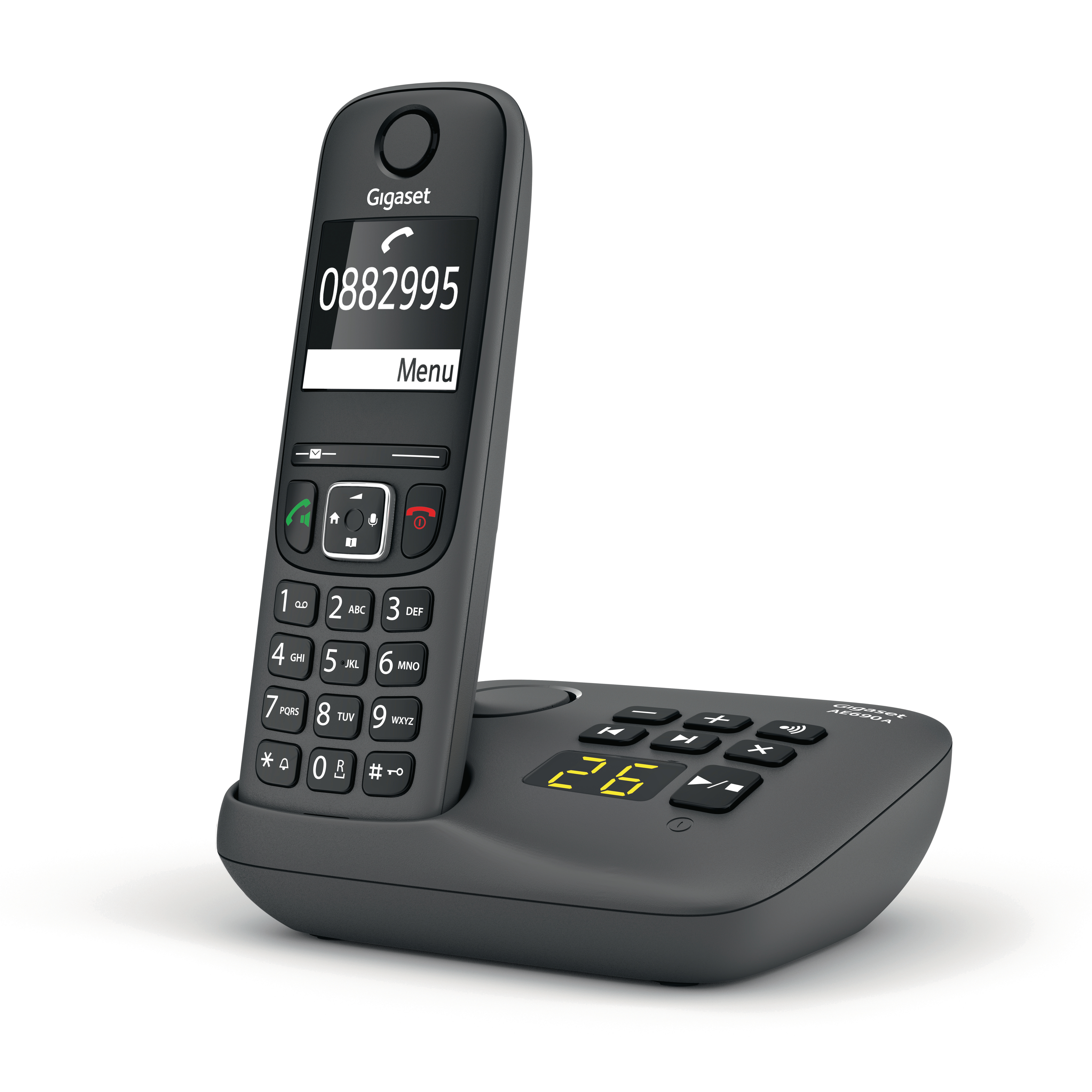 Schwarzes Gigaset-Telefon in seiner Basis. Der Bildschirm zeigt eine Nummer und Telefonoptionen.